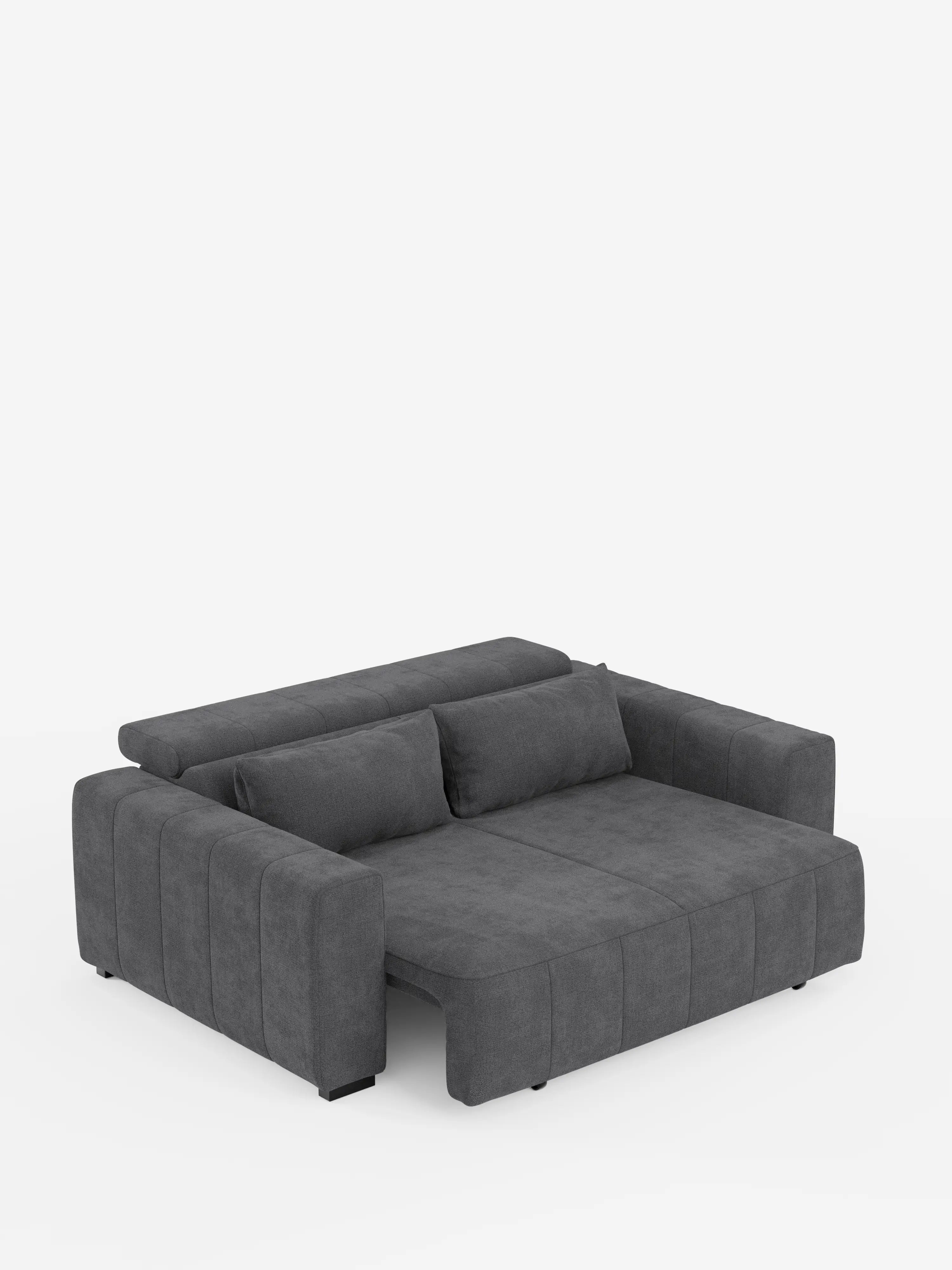 Un divano a tre posti in stile dorico, dal design contemporaneo e di colore grigio scuro, firmato Divani.Store, caratterizzato da ampi braccioli, due cuscini dello schienale con cuciture a vista e rivestimento in tessuto T23 antimacchia. Dotato di un meccanismo elettrico di relax per l’estensione delle sedute e di un poggiatesta reclinabile per un comfort personalizzato, si trasforma facilmente in una superficie piana su cui dormire. Presenta su uno sfondo bianco a tinta unita.