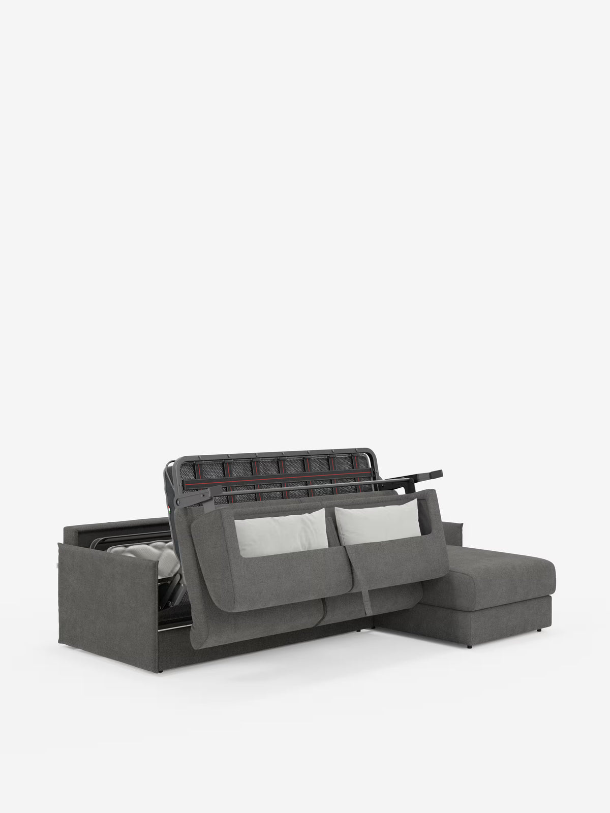 Ecco una frase riscritta utilizzando i dati del prodotto forniti: Il divano letto angolare con penisola contenitore Evans di Divani.Store è raffigurato in grigio scuro, con un pratico vano contenitore accessibile sotto le sedute e cuscini e biancheria da letto visibili all’interno. Questo divano componibile compatto, realizzato in tessuto T23 smacchiabile, è dotato di una comoda parte estensibile ed è fotografato su uno sfondo bianco a tinta unita.