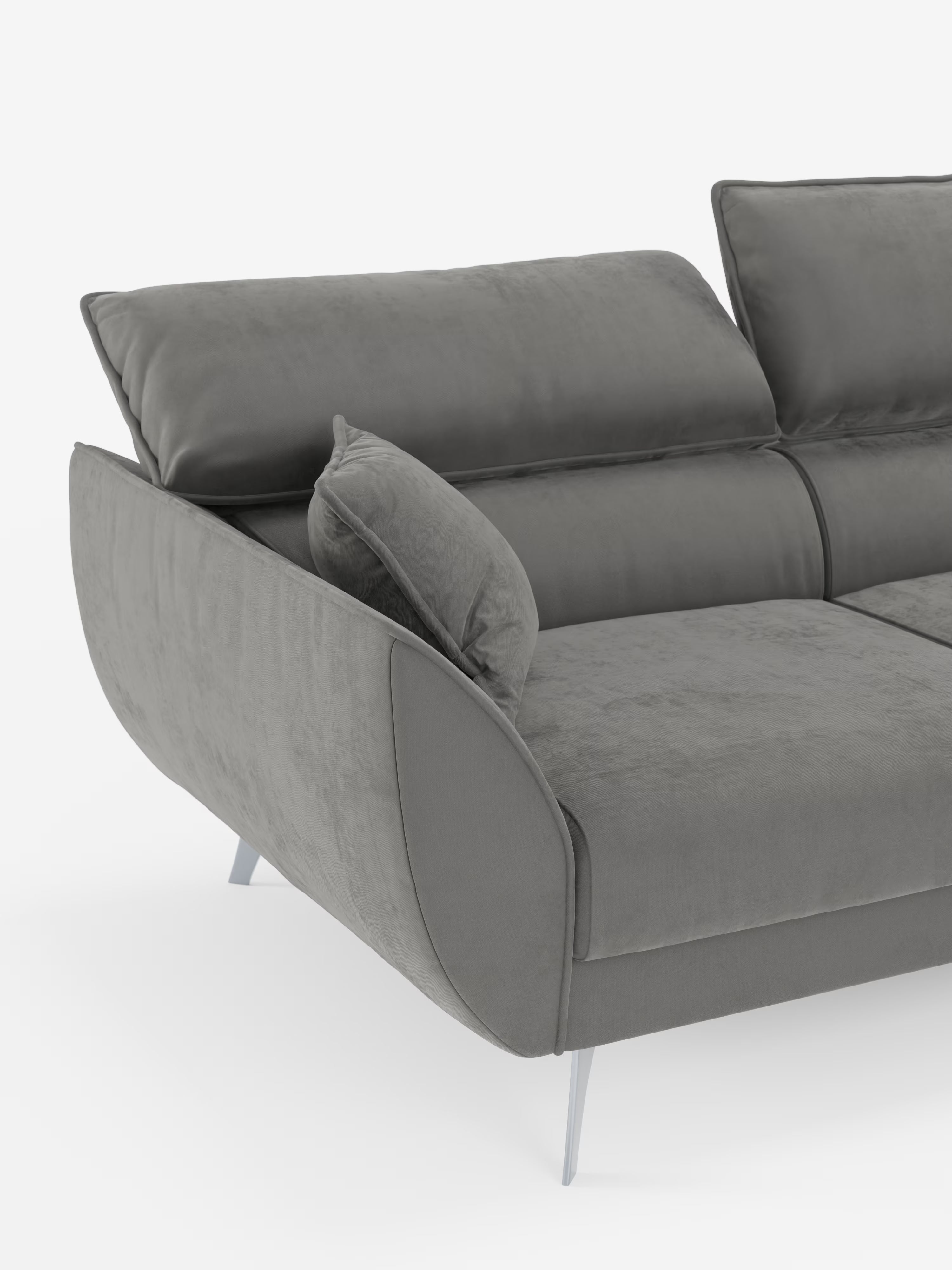 Scopri il comfort moderno con il divano angolare Michelangelo con penisola e sedute estensibili di Divani.Store, caratterizzato da morbidi cuscini, uno schienale angolato e sottili gambe in metallo argentato. Qui presentato con l’attenzione focalizzata sul bracciolo sinistro e sulla seduta, questo divano componibile contemporaneo mette in risalto il suo morbido tessuto T30 effetto vellutino, resistente alle macchie, e i raffinati poggiatesta reclinabili su uno sfondo bianco a tinta unita.