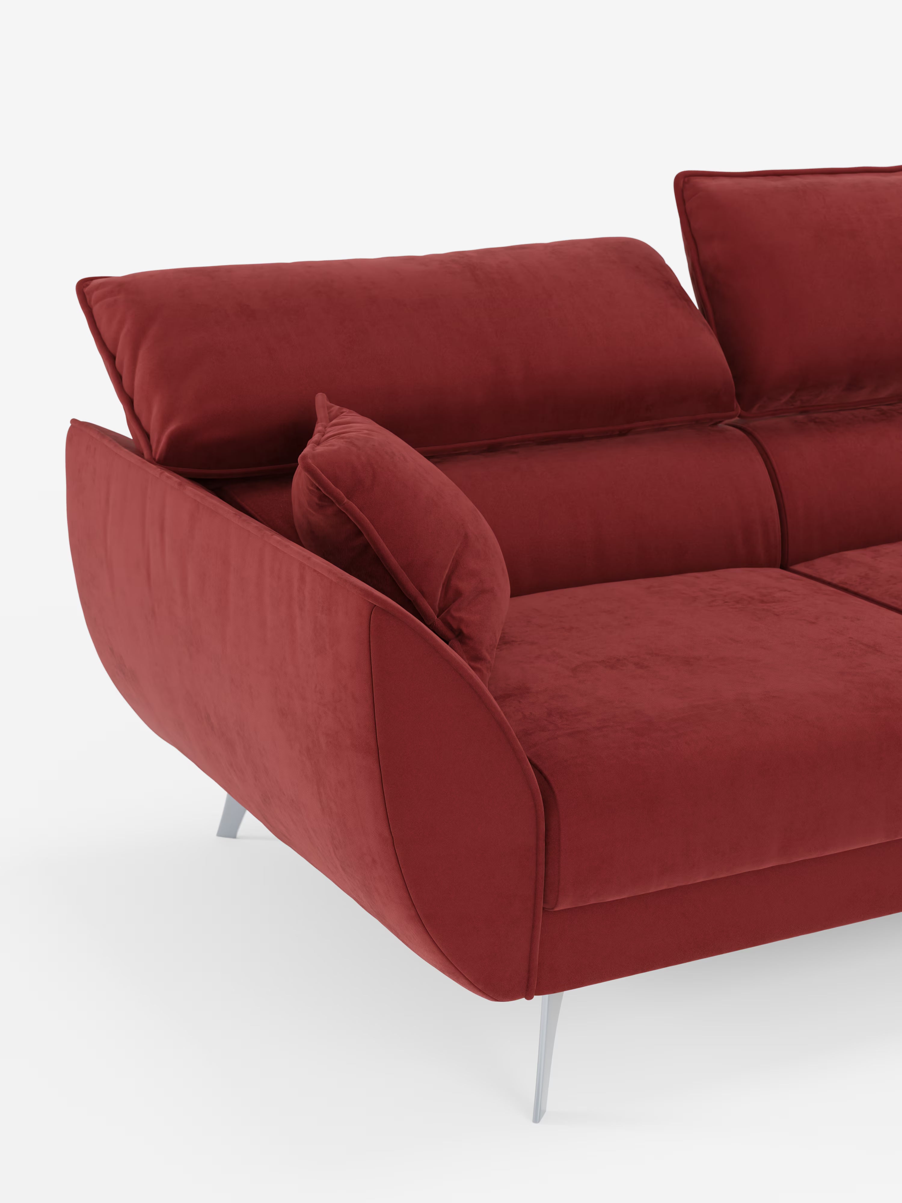 Vi presentiamo il divano angolare con penisola e sedute estensibili “Michelangelo” di Divani.Store: un divano componibile contemporaneo con effetto velluto rosso, caratterizzato da morbidi e spessi cuscini di seduta e schienale, braccioli leggermente ricurvi e gambe angolari in metallo argentato. I suoi poggiatesta reclinabili e il raffinato tessuto T30 antimacchia conferiscono stile e funzionalità a qualsiasi ambiente. Presentato su uno sfondo bianco a tinta unita.