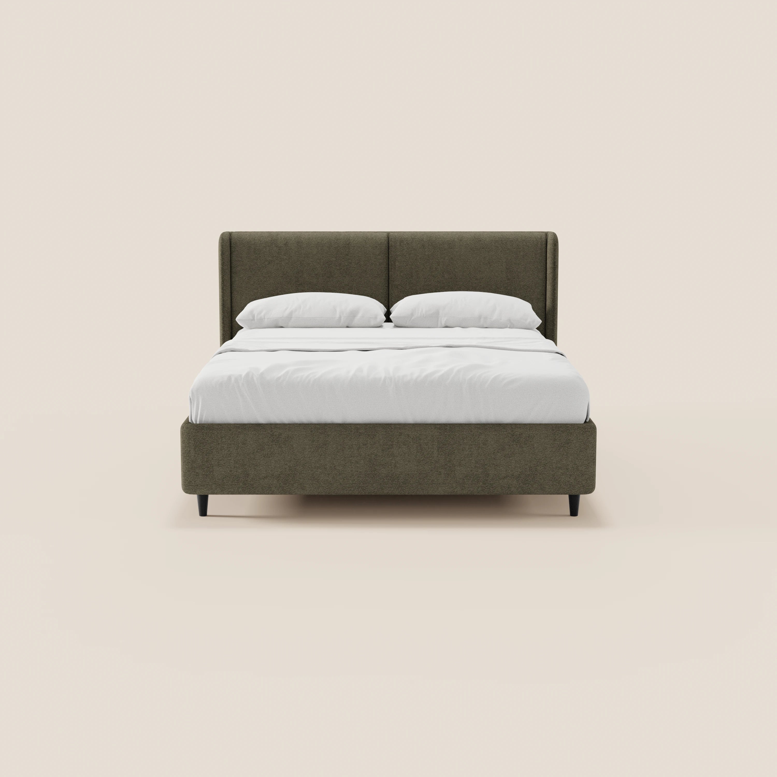 VALKIRIA di Letti.store: letto di design con contenitore, testiera avvolgente e 2 cuscini imbottiti in tessuto Oeko-Tex®. Moderno, elegante e perfetto per un look contemporaneo.