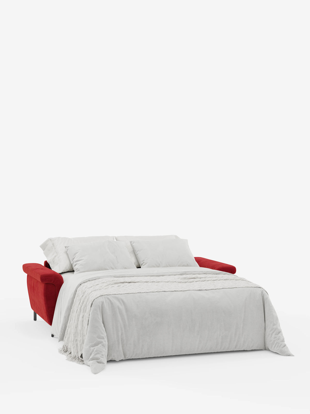 Il divano letto di design Capri con piedini alti di Divani.Store, caratterizzato da un lussuoso tessuto T30 rosso smacchiabile effetto velluto e da poggiatesta regolabili, è raffigurato aperto come letto con biancheria da letto bianca e due cuscini su uno sfondo bianco a tinta unita.