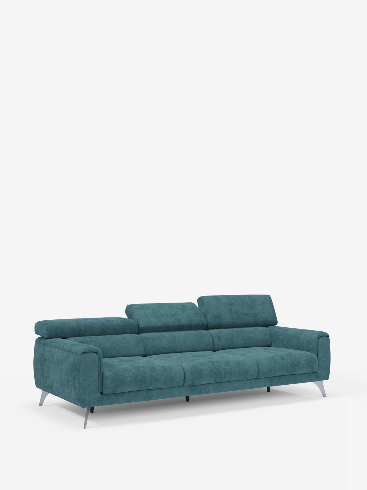 Il divano Caravaggio a 4 posti con tre sedute scorrevoli di Divani.Store è rivestito in tessuto T31 color verde acqua, facile da pulire, e presenta tre cuscini di seduta scorrevoli con poggiatesta regolabili. Appoggiato su sottili gambe in metallo inclinate, questo divano moderno presenta braccioli arrotondati e una silhouette pulita, coniugando con naturalezza comfort e stile contemporaneo. Presentato su uno sfondo bianco a tinta unita, il suo design minimalista ma funzionale lo rende la scelta ideale per