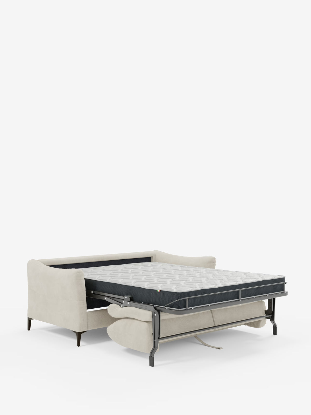 Il divano letto Dalia a 2, 3 e 4 posti con materasso H18 di Divani.Store è presentato in un tessuto vellutino T30 beige chiaro, moderno e antimacchia. Il divano letto è dotato di eleganti gambe nere ed è raffigurato parzialmente aperto, in modo da mostrare la sua robusta struttura in metallo e il comodo materasso. Con lo schienale e i braccioli che rimangono in posizione verticale mentre la parte letto si estende in avanti, il suo pratico design trasformabile viene messo in risalto su uno sfondo bianco a