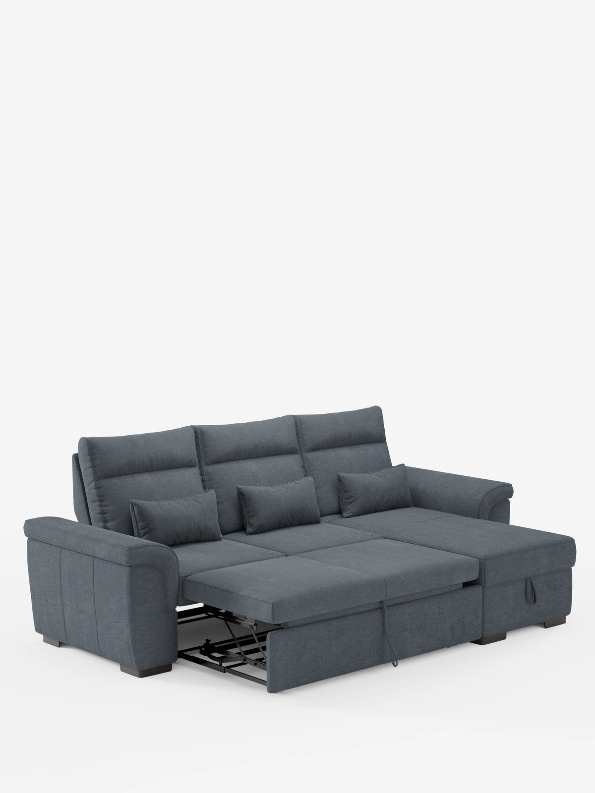 Un divano letto angolare Ischia grigio scuro con schienali scorrevoli, elemento estraibile e penisola contenitore in tessuto antimacchia misto lino, dotato di una sezione estraibile allungata, tre cuscini e una chaise longue con contenitore.