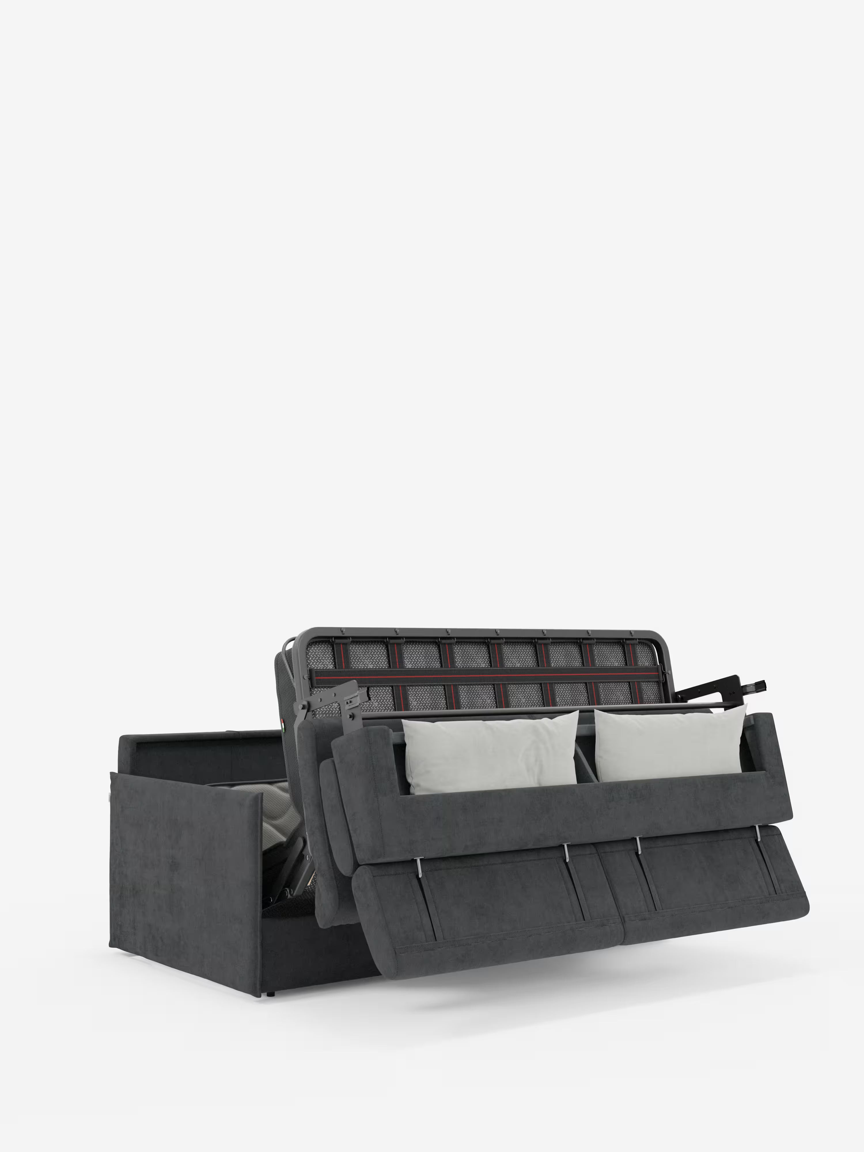 Un divano letto Miryam grigio scuro con poggiatesta reclinabili e comfort maxi di Divani.Il modello, caratterizzato da un design compatto e moderno in morbido tessuto T31 resistente alle macchie, è dotato di due cuscini di seduta, due cuscini decorativi chiari e una seduta parzialmente sollevata che rivela un ampio vano contenitore con il meccanismo visibile all’interno: il tutto su uno sfondo bianco a tinta unita e caratterizzato da uno stile minimalista e contemporaneo.