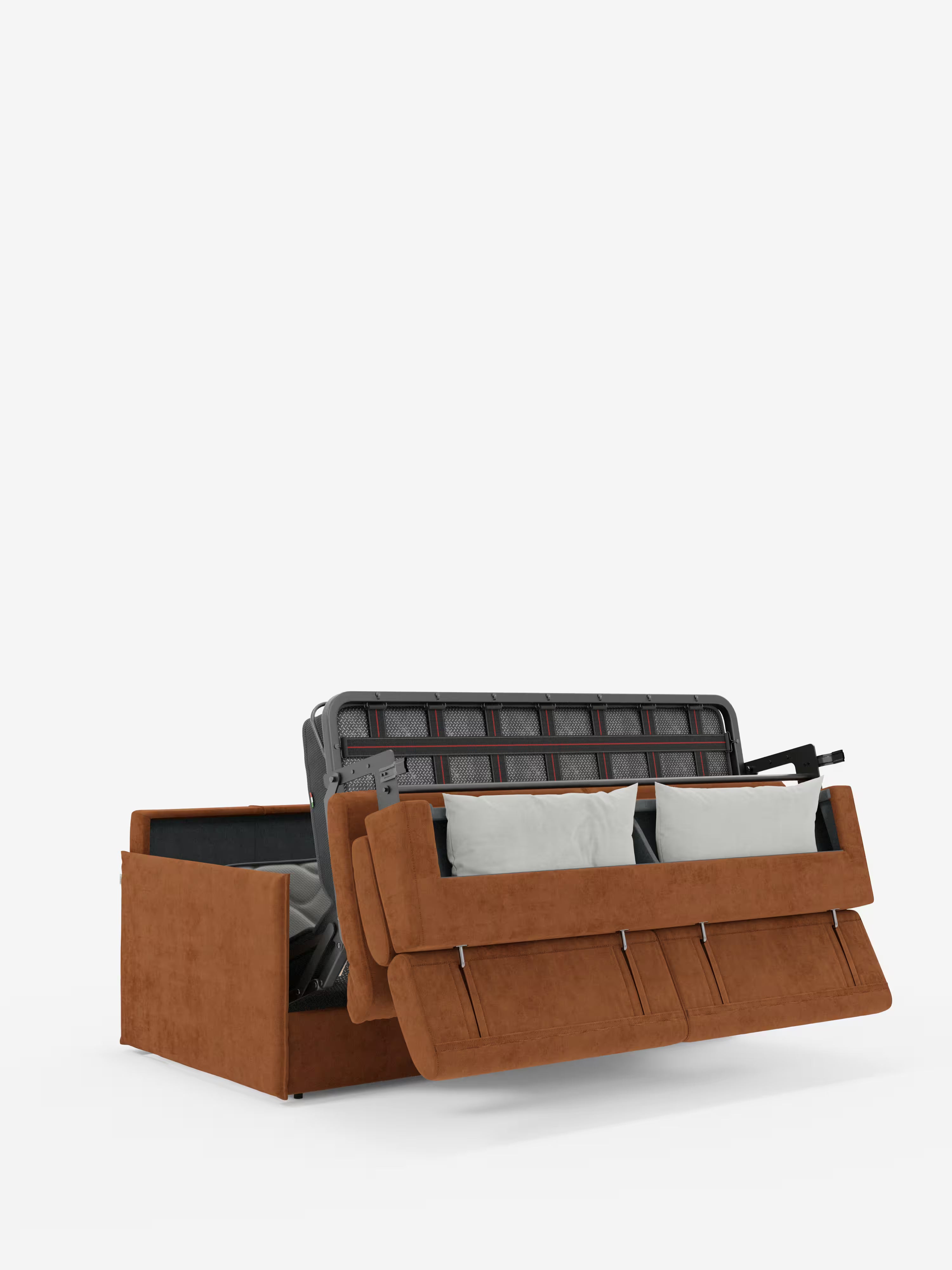Il divano letto Miryam con poggiatesta reclinabili e comfort maxi di Divani.Store è raffigurato in una versione compatta con rivestimento marrone, realizzata in morbido tessuto T31 resistente alle macchie. Raffigurato parzialmente aperto su uno sfondo bianco a tinta unita, il divano letto trasformabile presenta due cuscini grigio chiaro e mette in evidenza la struttura del letto in metallo nero e i meccanismi, sottolineandone lo stile funzionale, minimalista e contemporaneo.