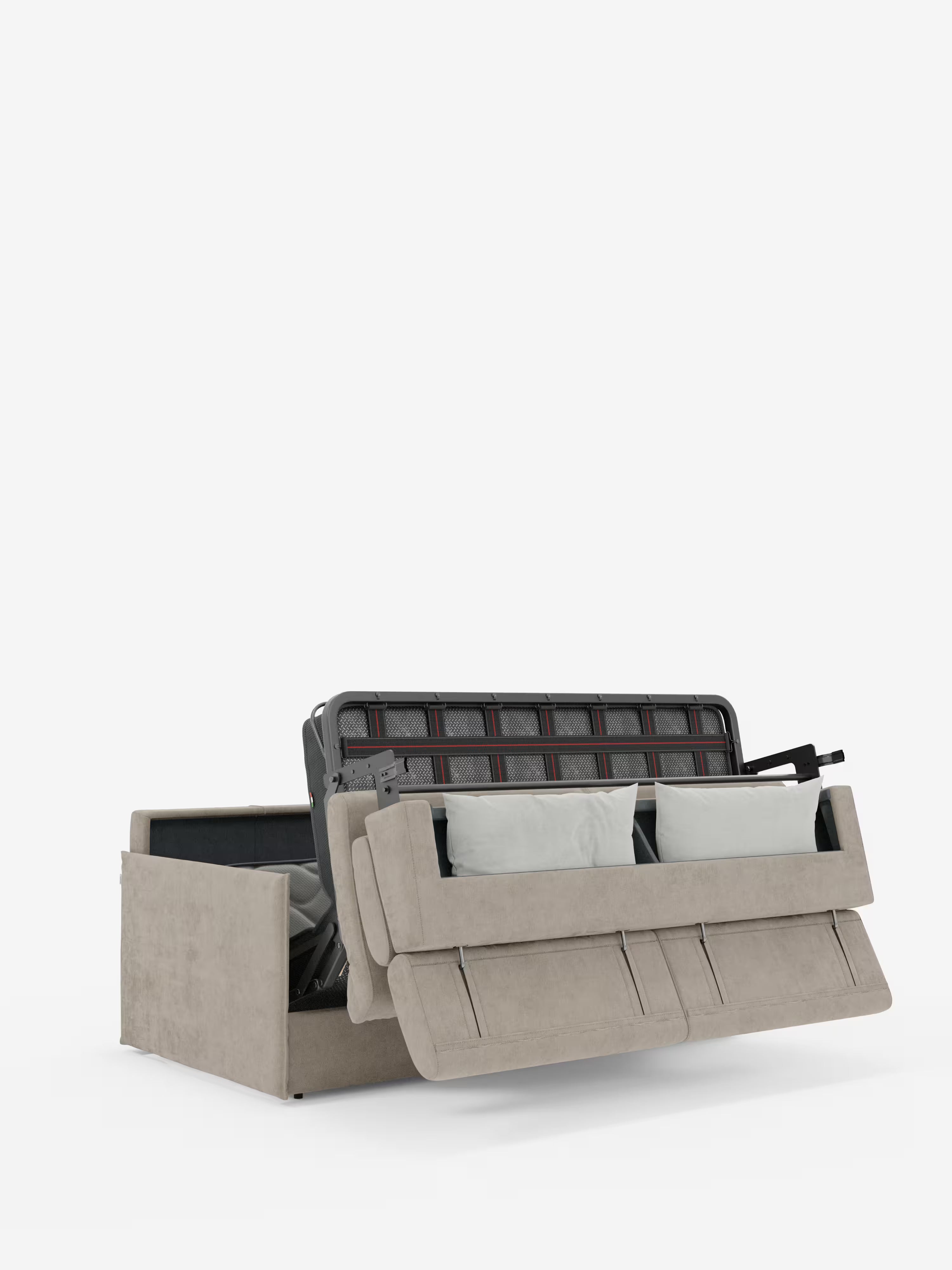 Il divano letto Miryam con poggiatesta reclinabili e comfort maxi di Divani.Store è un divano letto moderno e compatto di colore beige, rivestito in morbido tessuto T31 resistente alle macchie. È dotato di una struttura metallica estraibile e di un materasso con un pratico vano contenitore sottostante. Due cuscini chiari poggiano sulla seduta, mettendo in risalto il suo stile contemporaneo e minimalista sullo sfondo bianco a tinta unita.