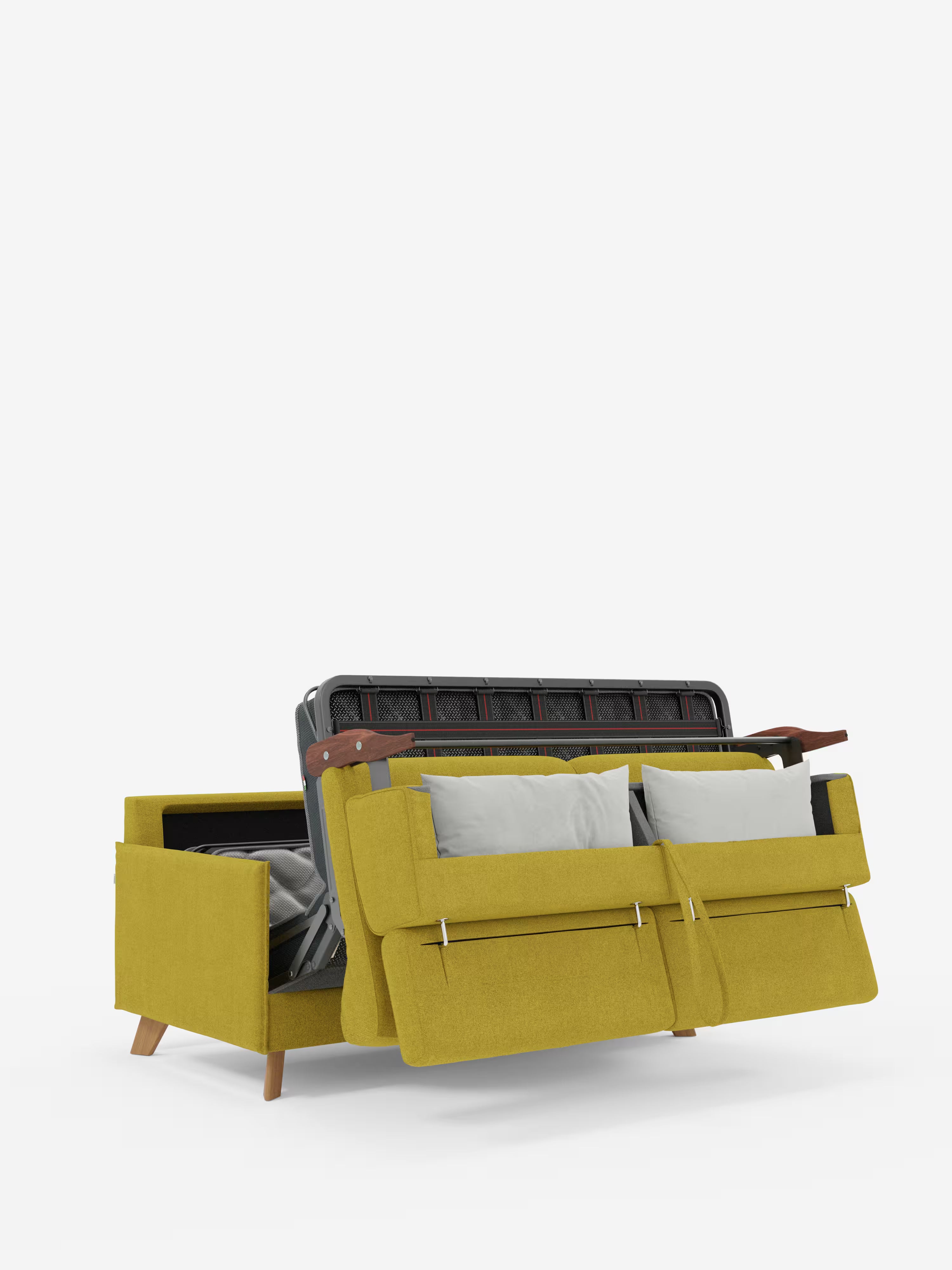 Un divano letto matrimoniale “Sole” dal design compatto di Divani.Store, dotato di poggiatesta reclinabili e di un rivestimento in tessuto T23 antimacchia e rimovibile al 100% in giallo senape, è parzialmente aperto con il letto estraibile dalla struttura in metallo ben visibile. Due cuscini grigio chiaro poggiano contro lo schienale, mentre sono visibili le gambe in legno in stile scandinavo. La scena è ambientata su uno sfondo bianco a tinta unita.