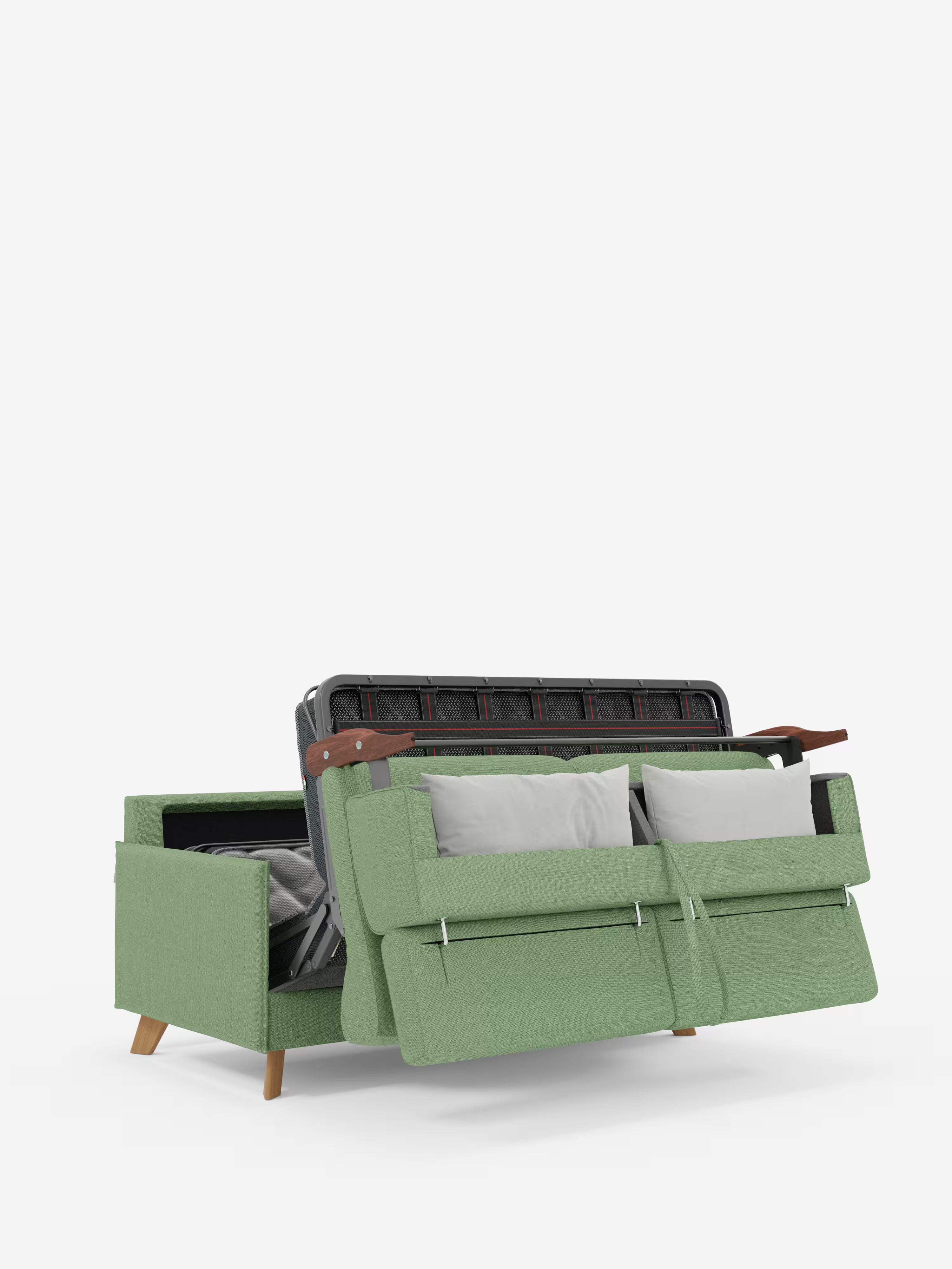 Un divano letto matrimoniale Sole, dal design compatto e rivestito in verde chiaro, di Divani.Store, è parzialmente aperto, lasciando intravedere la struttura in metallo e il materasso. Due cuscini grigio chiaro sono appoggiati allo schienale. Questo divano letto compatto presenta gambe in legno e braccioli con inserti in legno, oltre a poggiatesta regolabili e un rivestimento in tessuto T23 completamente sfoderabile e resistente alle macchie. Lo sfondo è bianco a tinta unita.