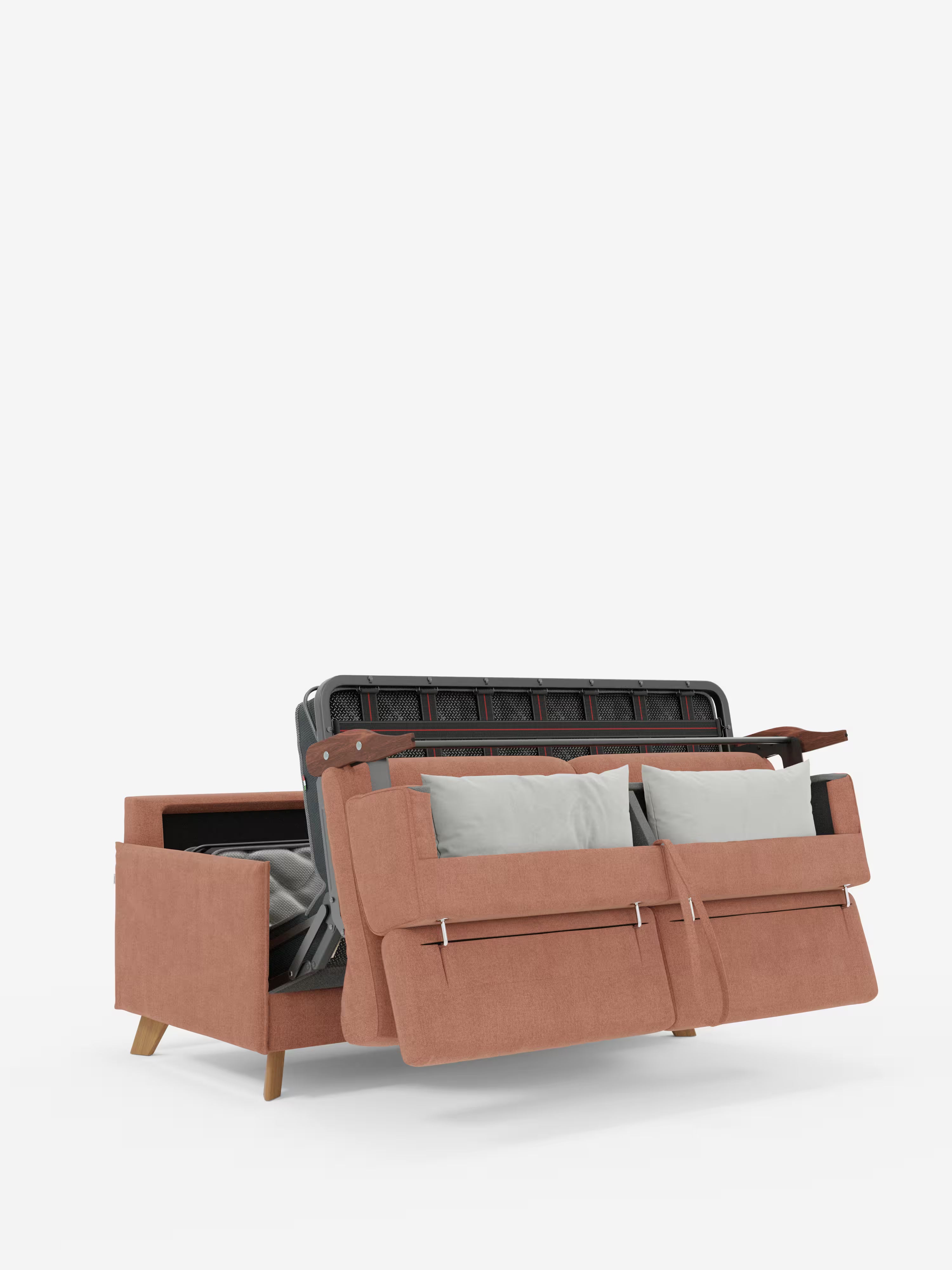 Un divano letto matrimoniale Sole color ruggine dal design compatto di Divani.Store, caratterizzato da gambe in legno e due cuscini grigio chiaro. Il divano è parzialmente aperto per mettere in risalto la struttura del letto in metallo nero e il materasso, con poggiatesta reclinabili e rivestimento in tessuto T23 completamente sfoderabile e resistente alle macchie. Su uno sfondo bianco a tinta unita, l’immagine esalta il suo elegante design trasformabile.