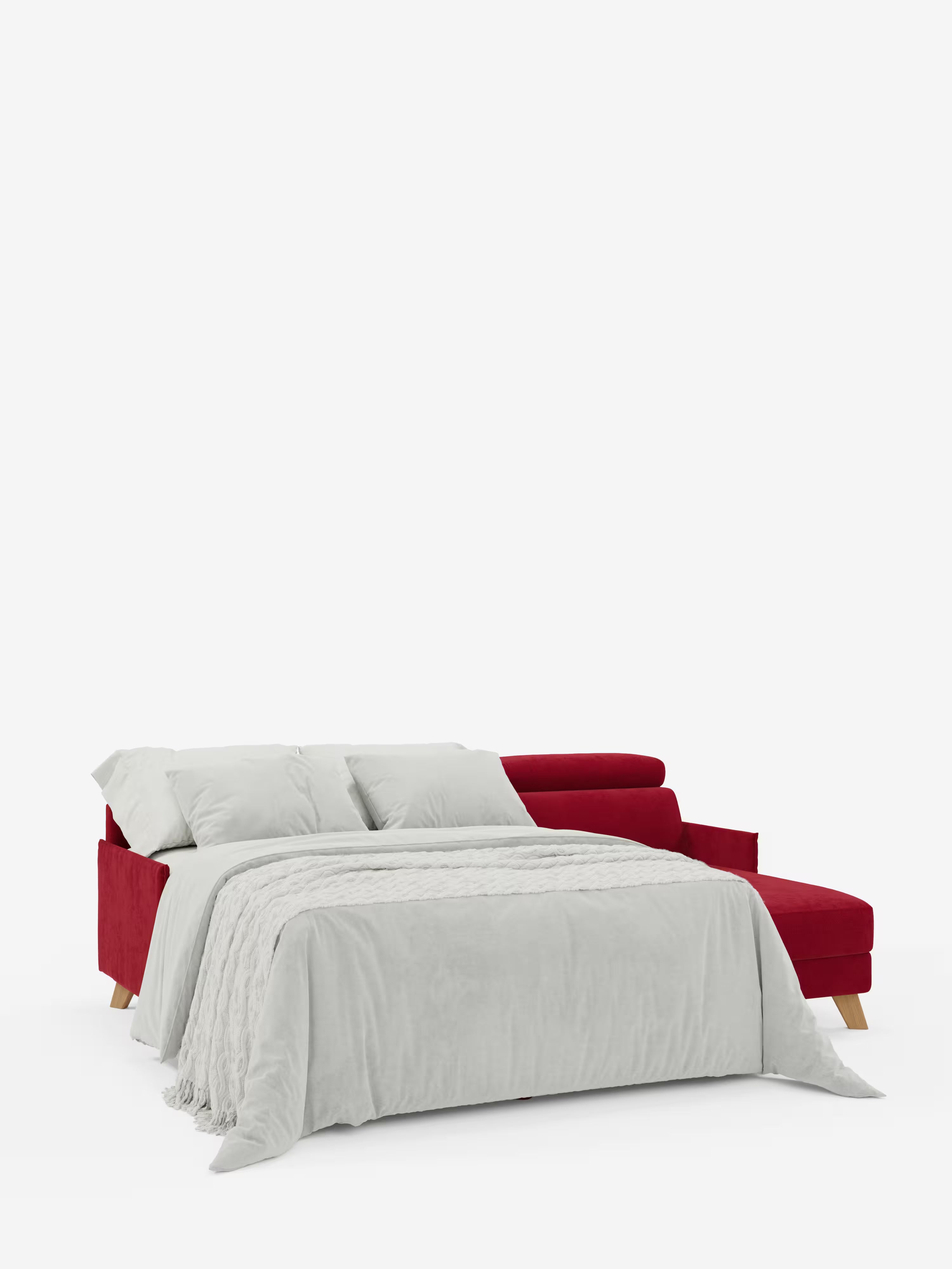 Il divano letto matrimoniale angolare “Sole” con penisola contenitore e poggiatesta reclinabili di Divani.Store, rivestito in tessuto rosso smacchiabile T23, è trasformato in letto e impreziosito da una coperta grigio chiaro e due cuscini coordinati. Caratterizzato da gambe in legno chiaro in pieno stile scandinavo, il divano letto è posto su uno sfondo bianco a tinta unita.
