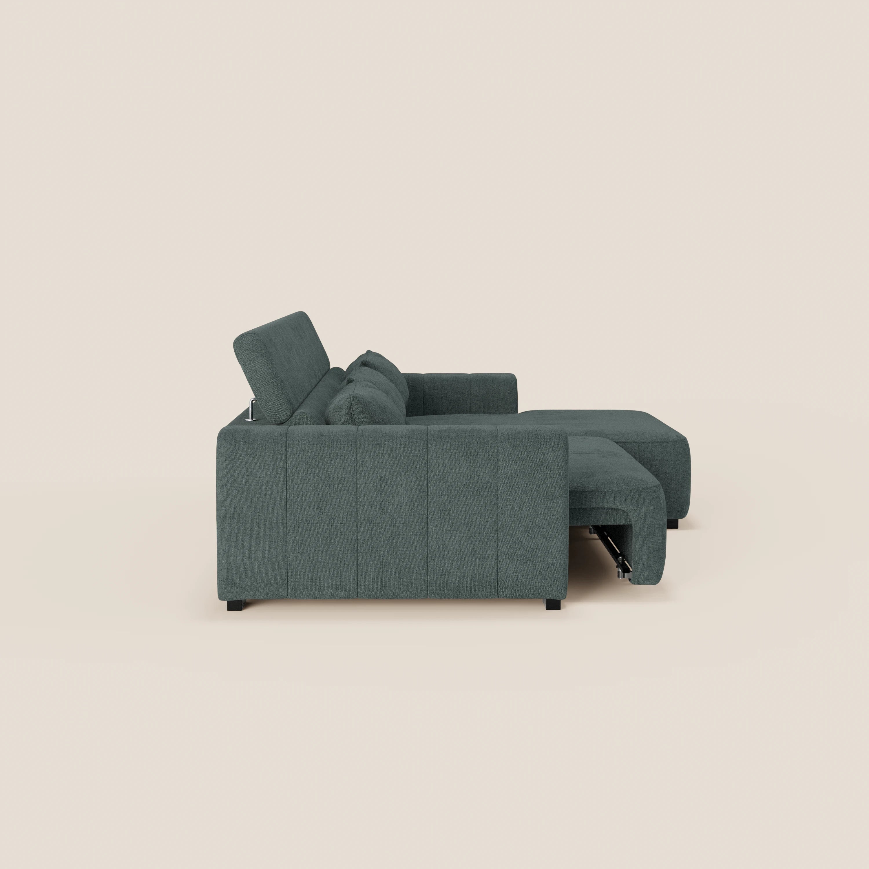 Doric Divano angolare con penisola e sedute allungabili con relax elettrico - poggiatesta reclinabili in tessuto smacchiabile T23