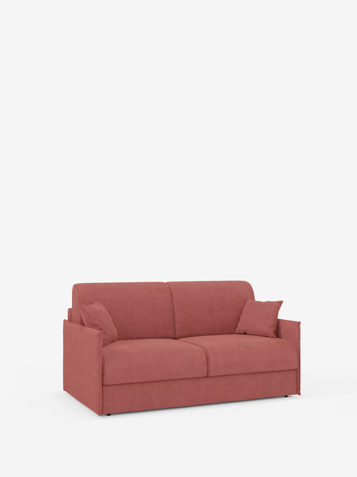 Scopri il divano letto matrimoniale sfoderabile Evans di Divani.Store: un divano moderno e compatto in tessuto rosso, caratterizzato da due cuscini di seduta, braccioli dritti, cuscini decorativi abbinati e piedini piccoli e discreti. Il suo design semplice e contemporaneo — realizzato con tessuto T23 antimacchia e facile da pulire — include un vano porta guanciali integrato, che lo rende un divano letto compatto ideale per gli spazi più ridotti. Immagine raffigurata su sfondo bianco a tinta unita.