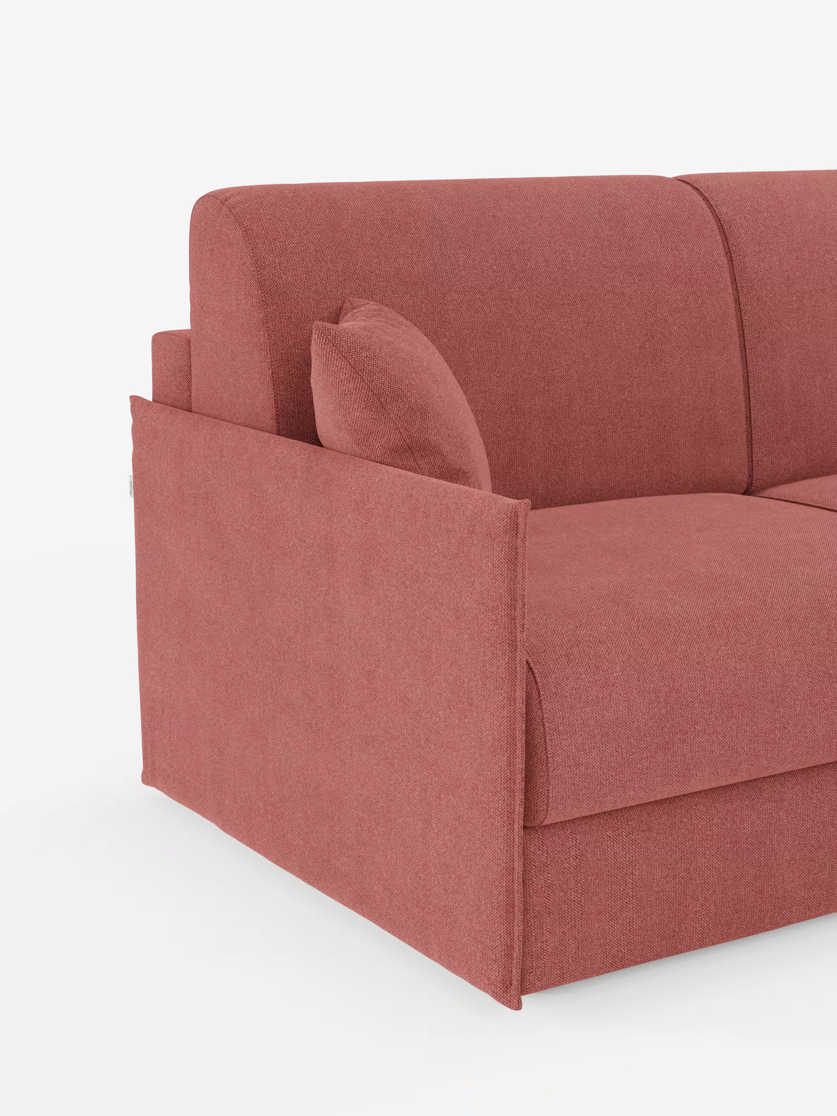 Un primo piano del divano letto angolare con penisola contenitore Evans di Divani.Store, caratterizzato da un design moderno e compatto in tessuto rosso smacchiabile T23. L'immagine mette in risalto il bracciolo sinistro, la seduta e parte dello schienale, con un cuscino rosso abbinato sistemato nell'angolo sinistro. Lo sfondo è bianco a tinta unita.