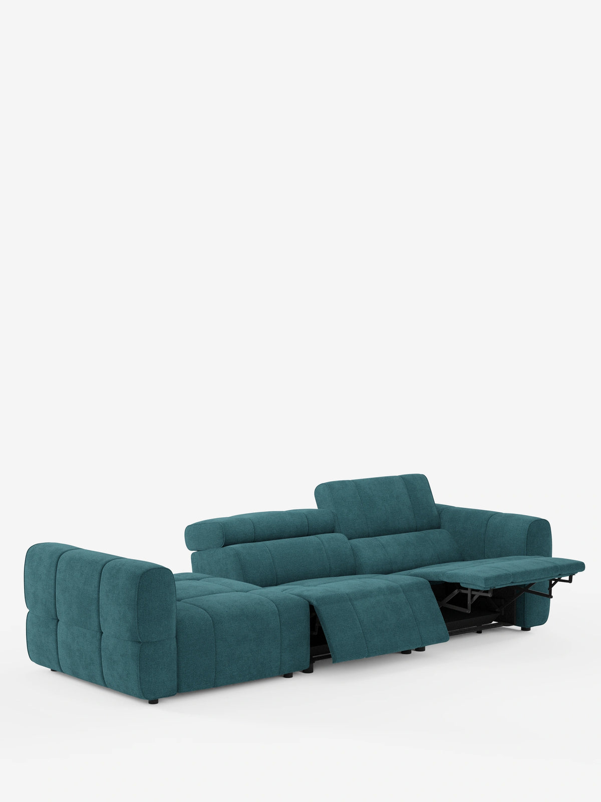 Un divano componibile Giotto color verde acqua con terminale aperto - opzione relax elettrico in tessuto smacchiabile T23: divano componibile con terminale aperto, poggiapiedi elettrico integrato e poggiatesta regolabili su sfondo bianco.