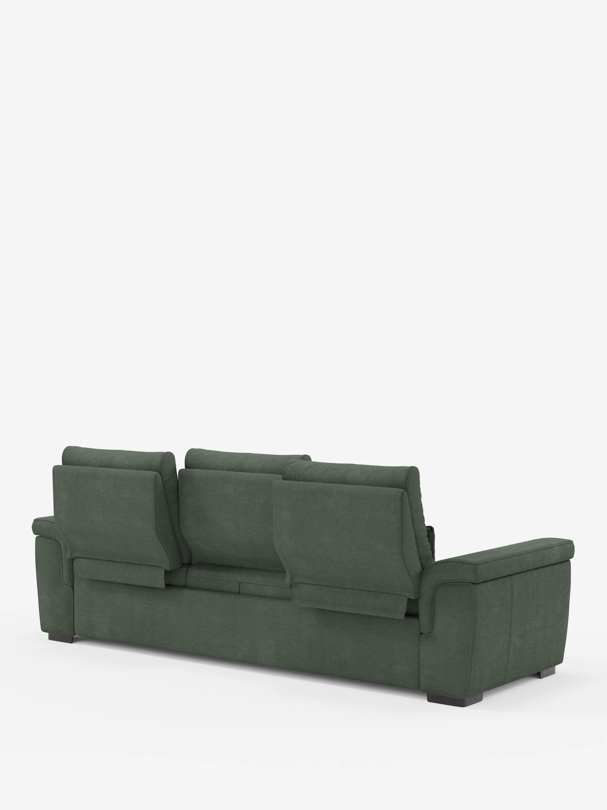 Vista posteriore di un divano letto angolare Ischia color verde oliva scuro, con schienali scorrevoli, elemento estraibile e penisola contenitore in tessuto antimacchia misto lino, caratterizzato da tre cuscini rettangolari per lo schienale e semplici piedini a blocco scuri.