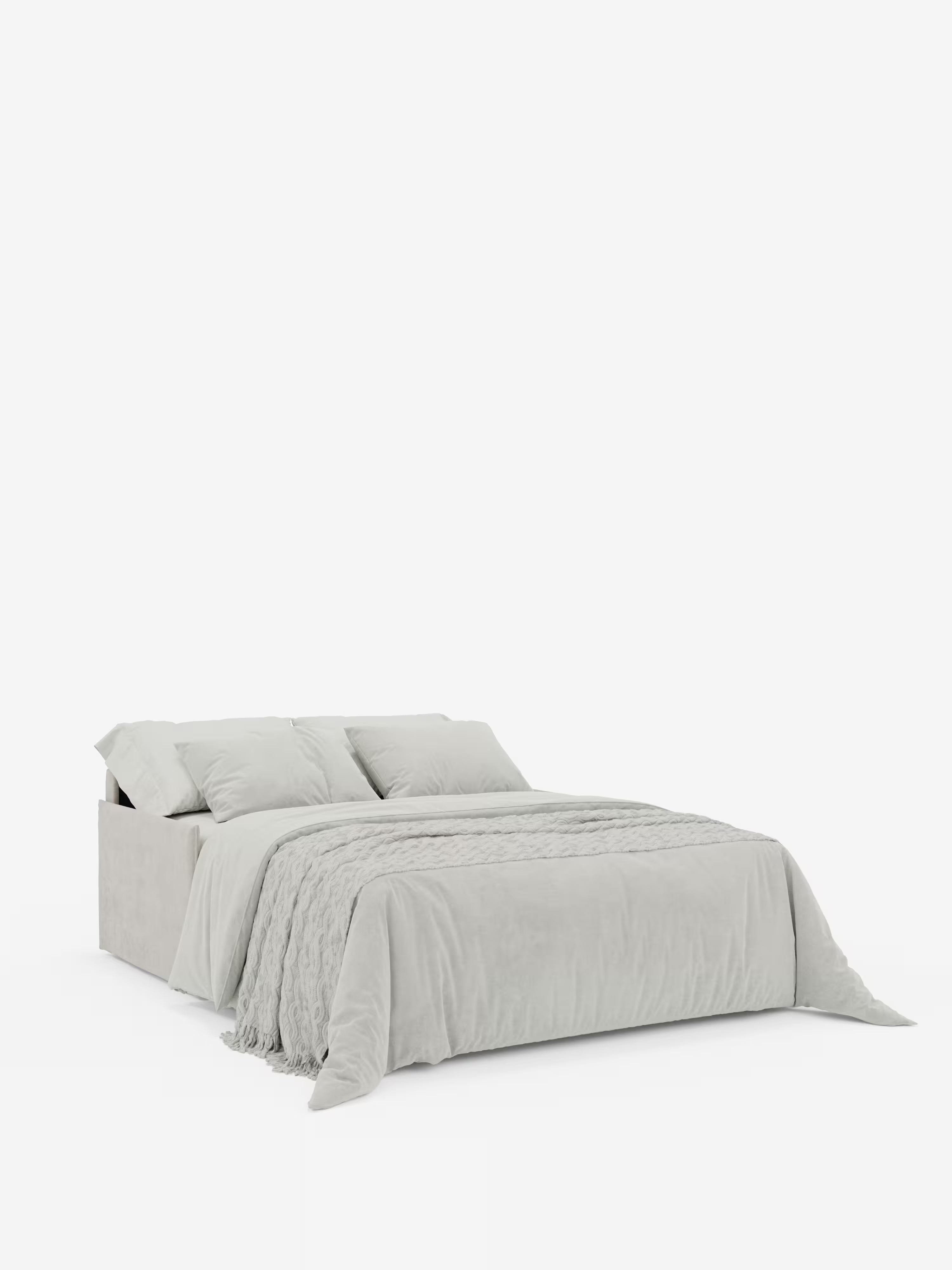 Un divano letto Miryam di Divani.Store, dall’aspetto curato, caratterizzato da un design contemporaneo e compatto, rivestito in morbido tessuto T31 grigio chiaro resistente alle macchie. Due cuscini coordinati e un copriletto grigio a trama sono disposti sul letto, mentre lo sfondo bianco a tinta unita ne esalta lo stile minimalista e accogliente, con poggiatesta regolabili per il massimo comfort.