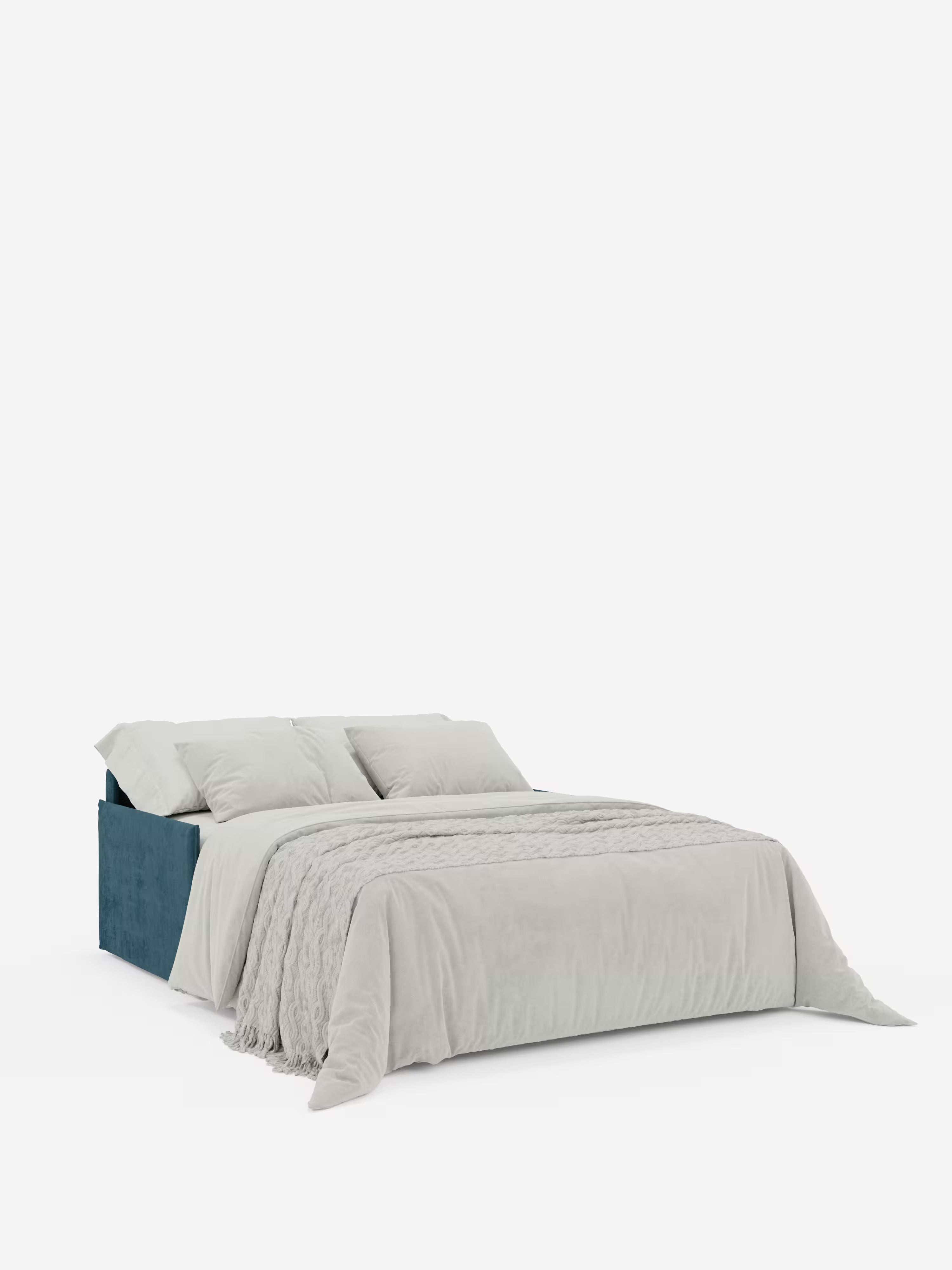 Un letto moderno, il Miryam Divano letto con poggiatesta reclinabili e comfort maxi di Divani.Store, si caratterizza per un design compatto con una struttura rivestita in verde acqua, realizzata in morbido tessuto T31 resistente alle macchie. Rifinito con cura con un piumone grigio chiaro e cuscini coordinati, questo divano letto moderno offre una biancheria da letto dall’aspetto morbido e leggermente testurizzato su uno sfondo bianco minimalista, per un look pulito.