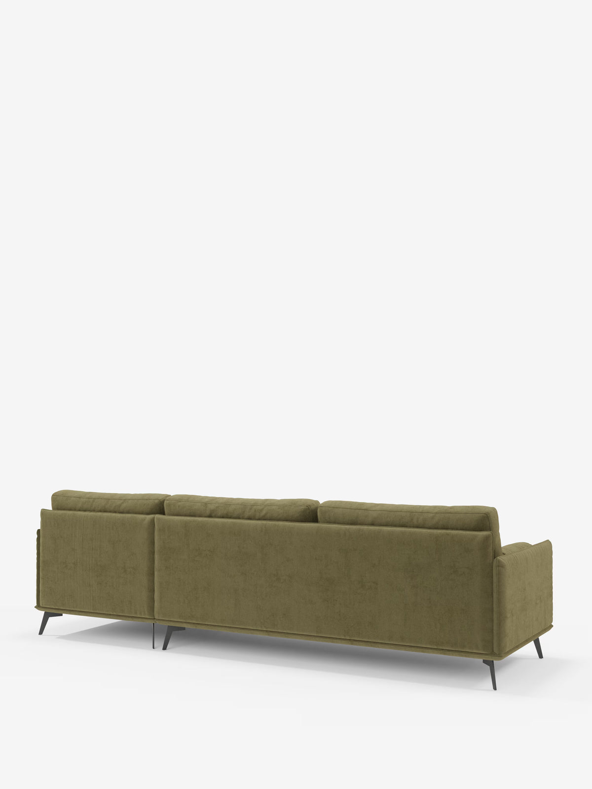 Il divano moderno angolare con penisola Basalto di Divani.Store è ripreso di retro su uno sfondo bianco. Caratterizzato da linee pulite, braccioli sottili, tre cuscini dello schienale e gambe angolari in metallo nero, questo divano moderno verde — rivestito in tessuto T31 antimacchia con cuscini in piuma — incarna uno stile minimalista e contemporaneo. Il suo design raffinato esemplifica l’eleganza tipica dei divani di produzione italiana.