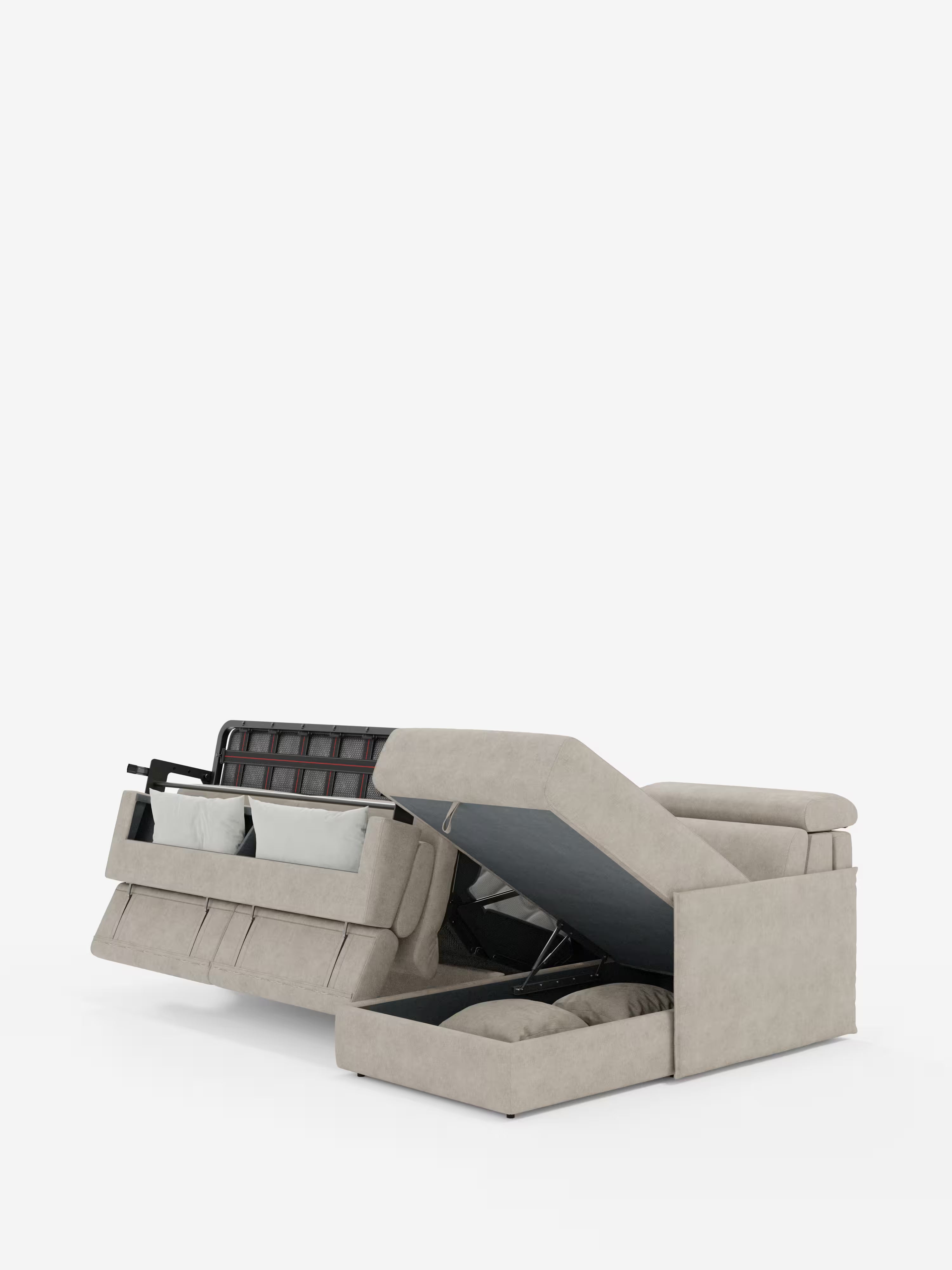 Miryam canapé convertible d'angle compact - têtières inclinables et méridienne coffre en tissu détachable T31