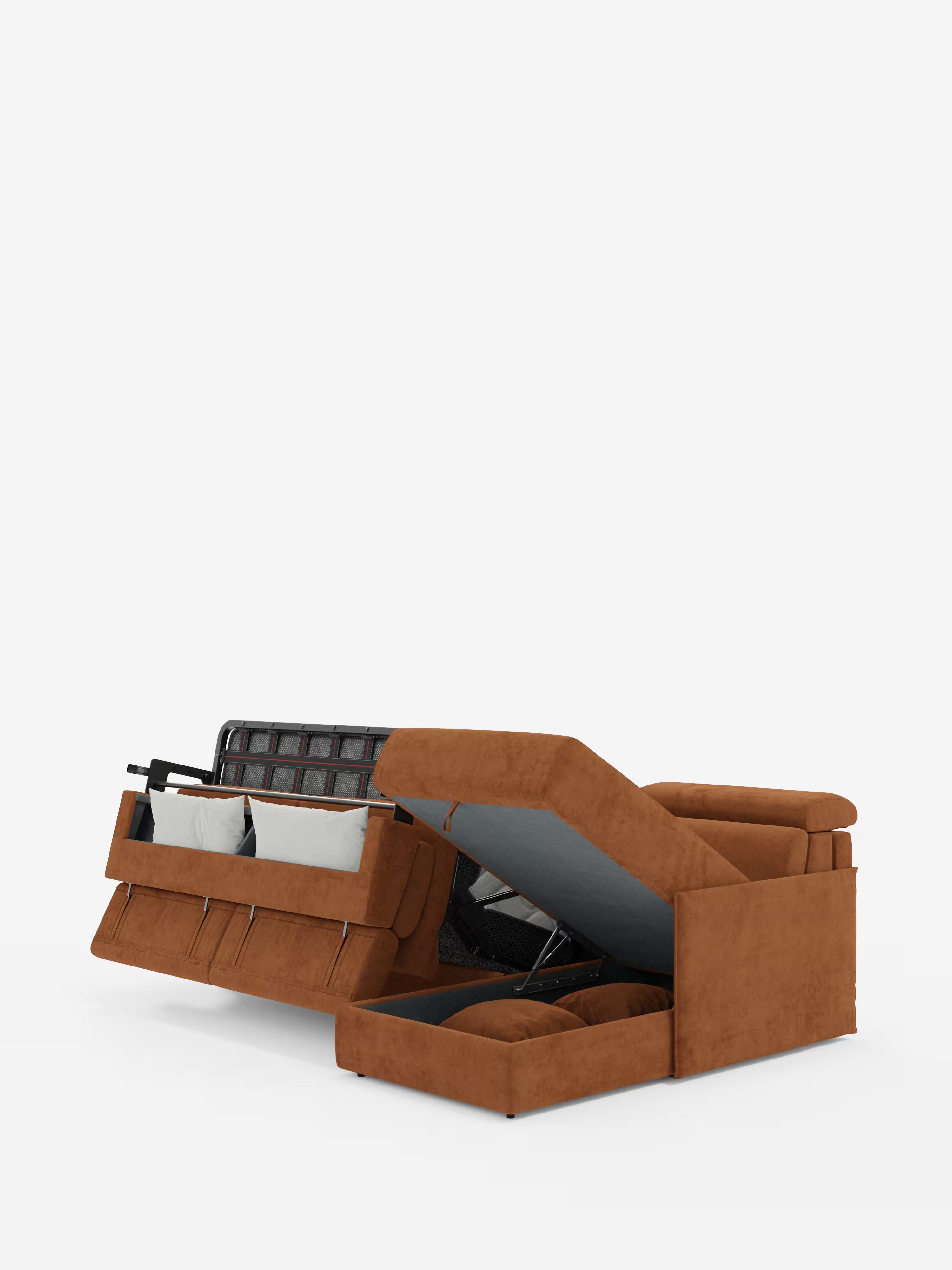 Miryam canapé convertible d'angle compact - têtières inclinables et méridienne coffre en tissu détachable T31