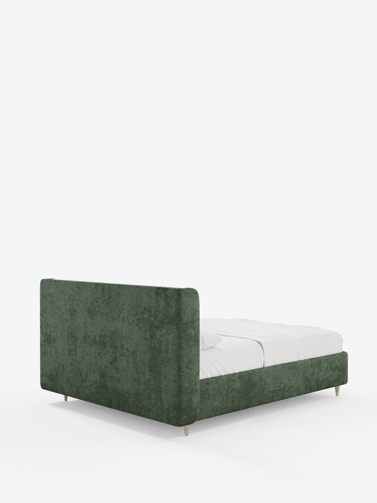 Vi presentiamo il letto imbottito bicolore con contenitore VALKIRIA di Letti.store: un letto imbottito contemporaneo di colore verde, dal profilo basso e caratterizzato da un’ampia testiera imbottita avvolgente dalle linee delicatamente curve. Sia la testiera che la pediera sono rivestite in tessuto testurizzato, mentre le gambe in legno a vista sotto la struttura completano il design. Il letto è abbinato a un materasso e a una biancheria da letto bianchi, che risaltano su uno sfondo bianco a tinta unita.