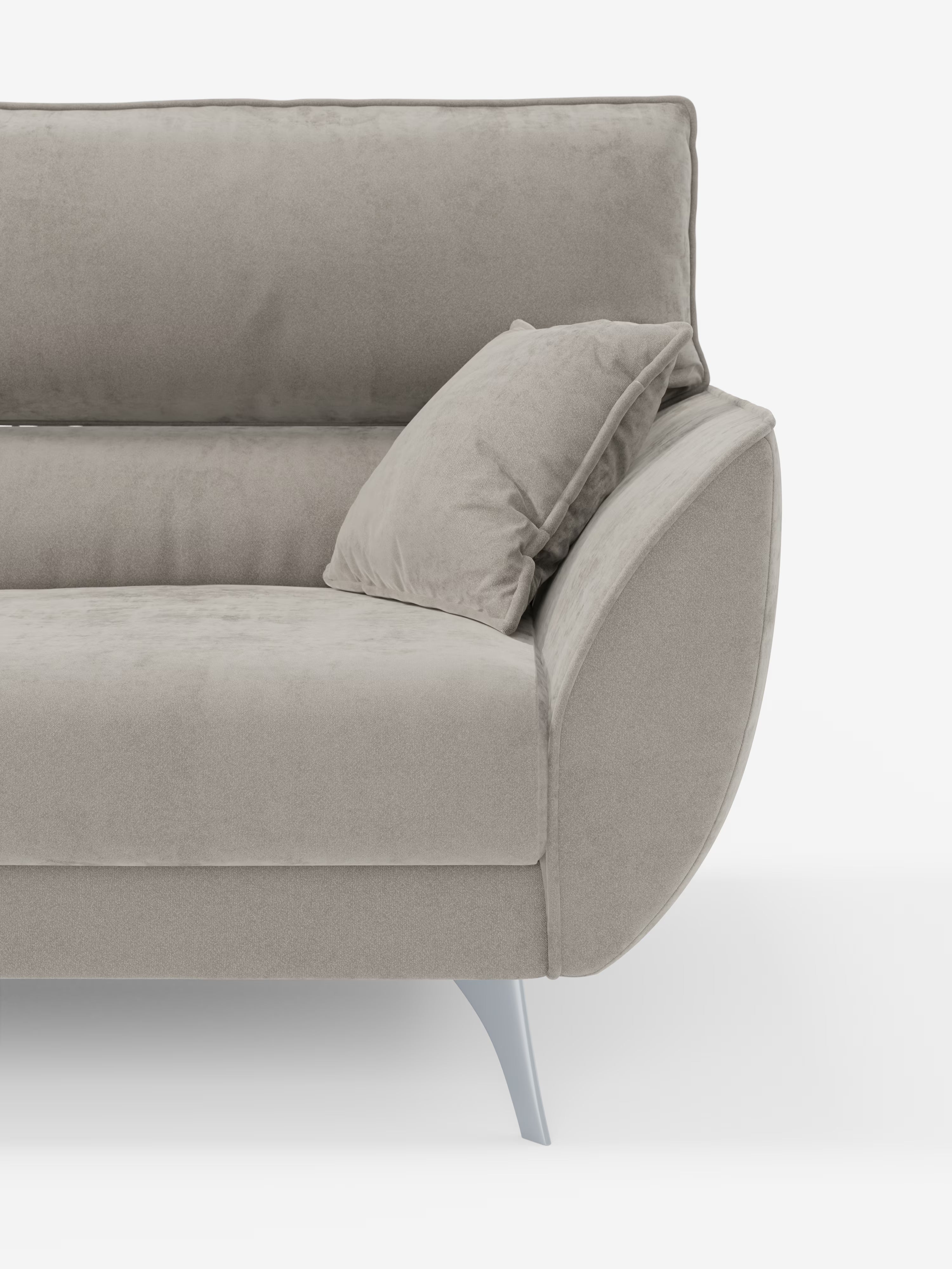 Il divano Michelangelo 4 Posti di Divani.Store, rivestito in elegante tessuto vellutino T30 resistente alle macchie nei toni del grigio chiaro, è presentato con un unico cuscino coordinato. Questo divano dal design contemporaneo è dotato di tre sedute estraibili, poggiatesta regolabili, un elegante bracciolo destro arrotondato e gambe angolate color argento. Su uno sfondo bianco a tinta unita, le linee pulite e le sedute spaziose del design sottolineano il comfort e lo stile moderno.