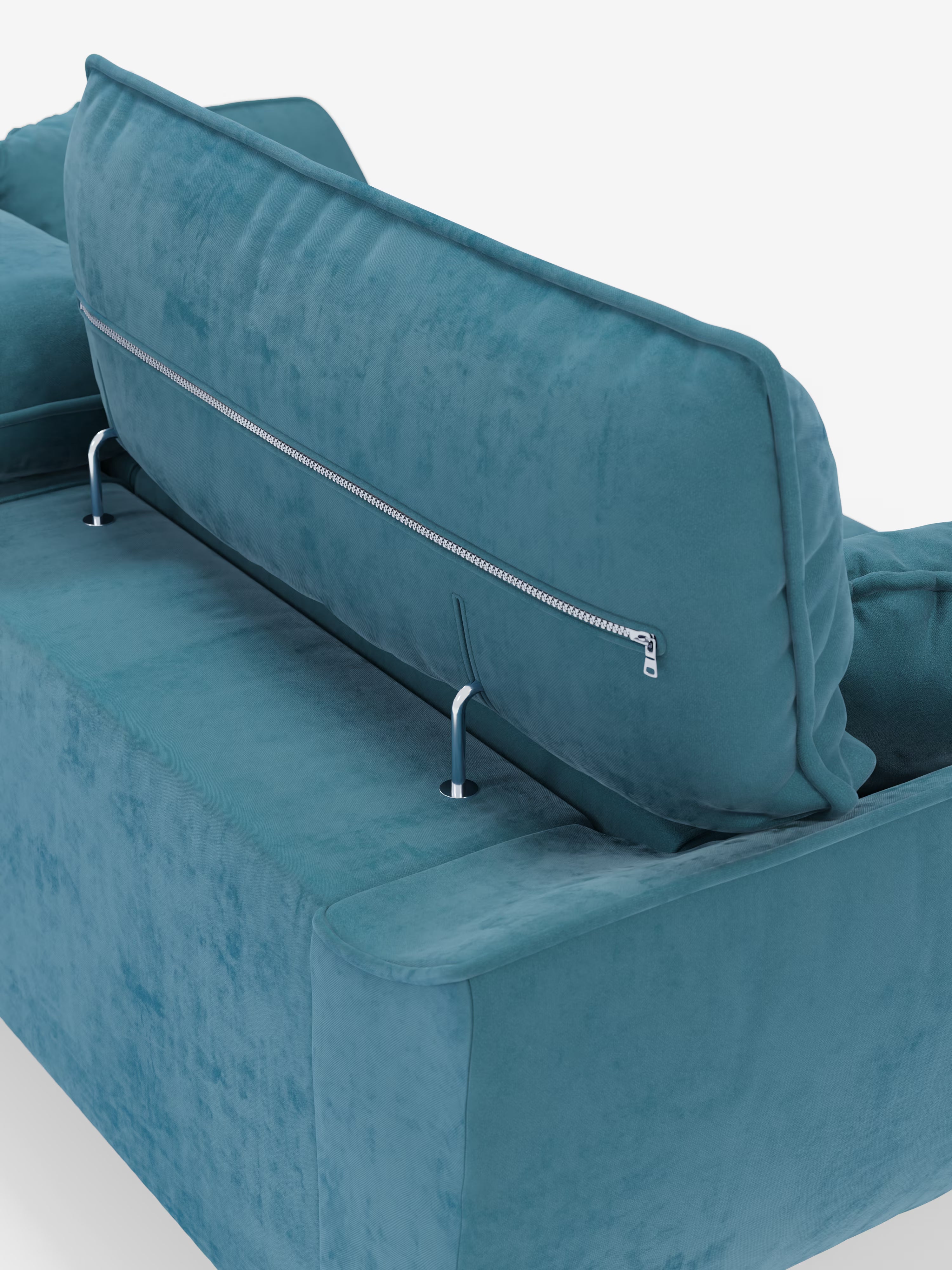 Un primo piano del divano Michelangelo a 2 e 3 posti di Divani.Store ne mette in risalto il design moderno, realizzato in morbido tessuto T30 facile da pulire. Lo schienale leggermente sporgente in avanti rivela una cerniera orizzontale e due eleganti aste di sostegno argentate sottostanti, mettendo in risalto l’innovativa seduta allungabile e il poggiatesta reclinabile del divano. La trama liscia e morbida offre comfort e stile: perfetto per chi cerca l’eleganza pratica in un divano contemporaneo.