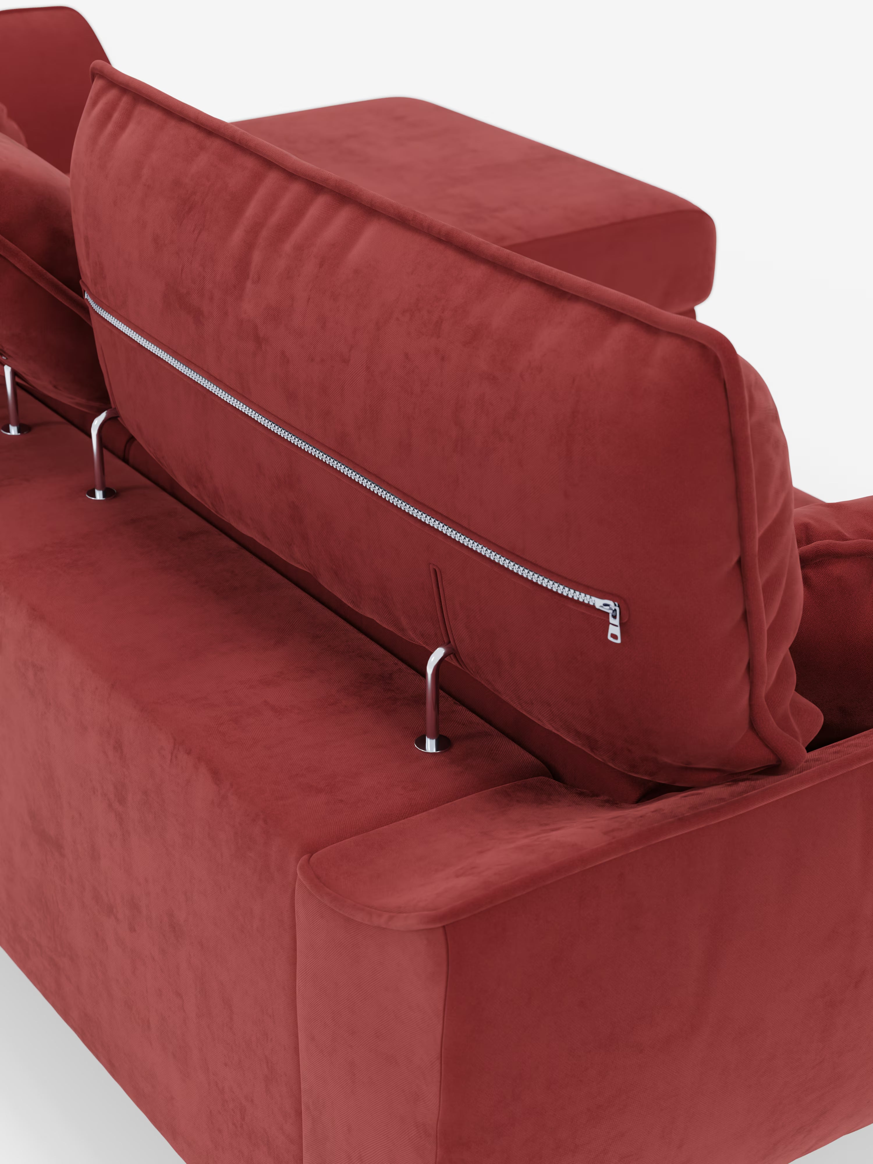 Un primo piano del divano angolare con penisola e sedute estensibili “Michelangelo” di Divani.Store, rivestito in tessuto T30 effetto vellutino rosso moderno e audace, mette in risalto il poggiatesta leggermente reclinato e una cerniera argentata a vista lungo lo schienale. Due aste metalliche collegano lo schienale alla seduta, aggiungendo sia funzionalità che uno stile sofisticato. Su uno sfondo bianco, l’immagine mette in risalto la texture morbida e il colore intenso del divano.