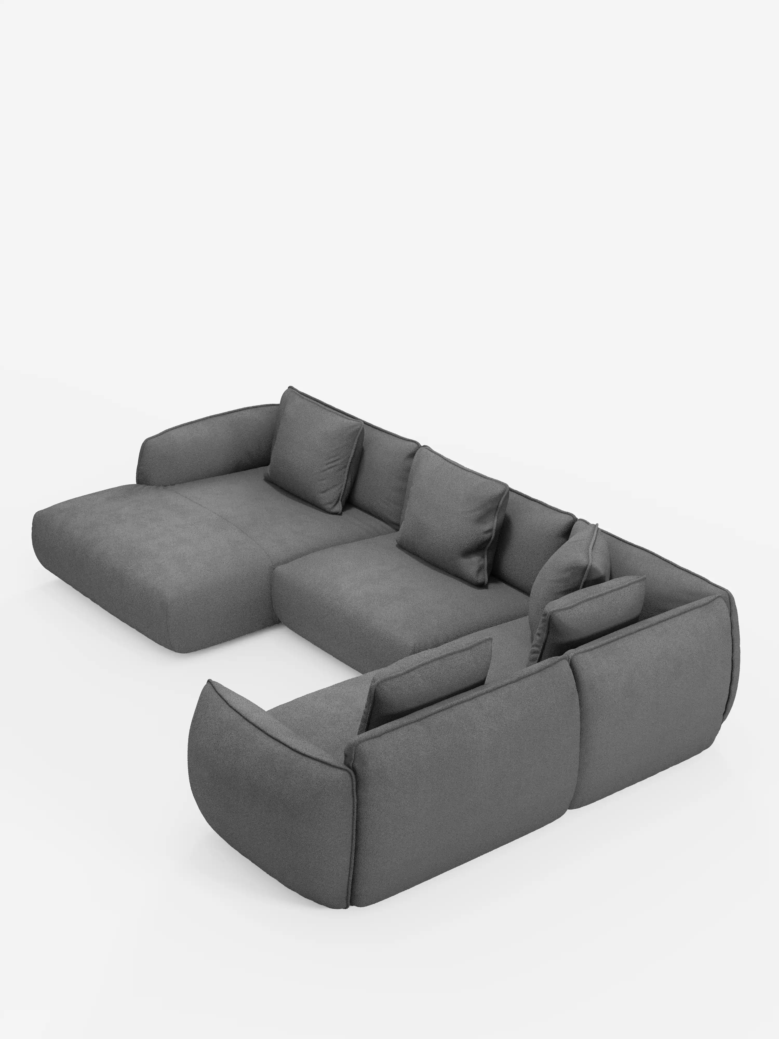 Il divano angolare panoramico componibile Nimbus con penisola e angolo in tessuto smacchiabile T33 di Divani.Store è un divano componibile contemporaneo a forma di L presentato su uno sfondo bianco a tinta unita. Realizzato in Italia, questo elegante divano è dotato di cinque cuscini dello schienale e un cuscino laterale, con sedute ampie e dal profilo ribassato e braccioli delicatamente arrotondati che ne definiscono l’estetica moderna. Il design è inoltre sfoderabile, unendo praticità e stile sofisticato.