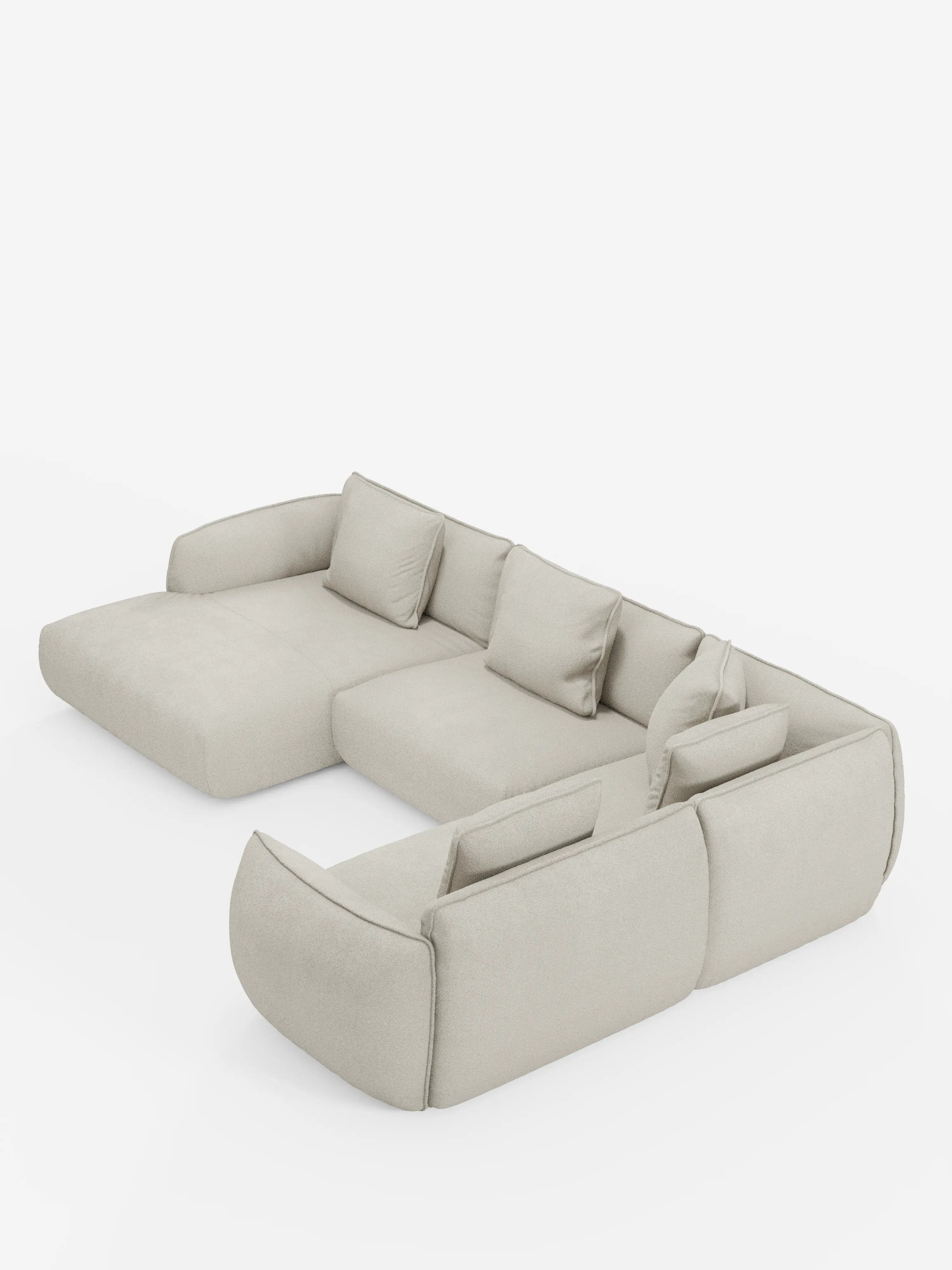 Vi presentiamo il divano angolare panoramico componibile Nimbus con penisola e angolo in tessuto smacchiabile T33 di Divani.Store: un moderno divano componibile a L in beige chiaro, caratterizzato da sedute ampie e dal profilo ribassato, morbidi cuscini dello schienale e braccioli arrotondati e imbottiti. Il suo design minimalista è caratterizzato da linee morbide e pulite e dall’eccezionale qualità del Made in Italy.
