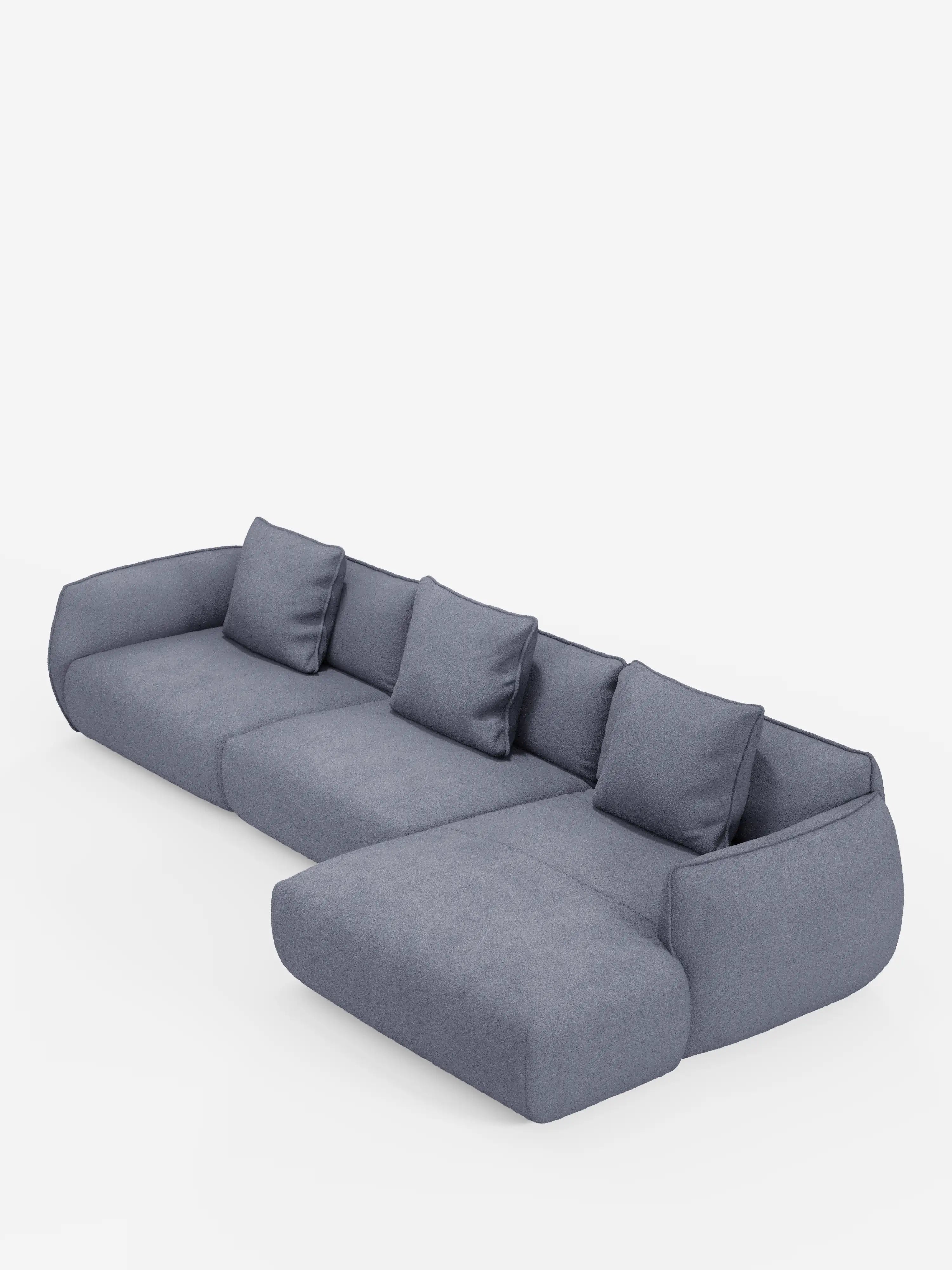 Un divano angolare con penisola componibile Nimbus, moderno e spazioso, di Divani.Store, rivestito in tessuto T33 effetto cotone grigio medio, smacchiabile, con quattro cuscini dello schienale sfoderabili e un’ampia chaise longue sul lato destro. Questo divano moderno presenta linee arrotondate e minimaliste e braccioli dal profilo basso, che risaltano su uno sfondo bianco a tinta unita.