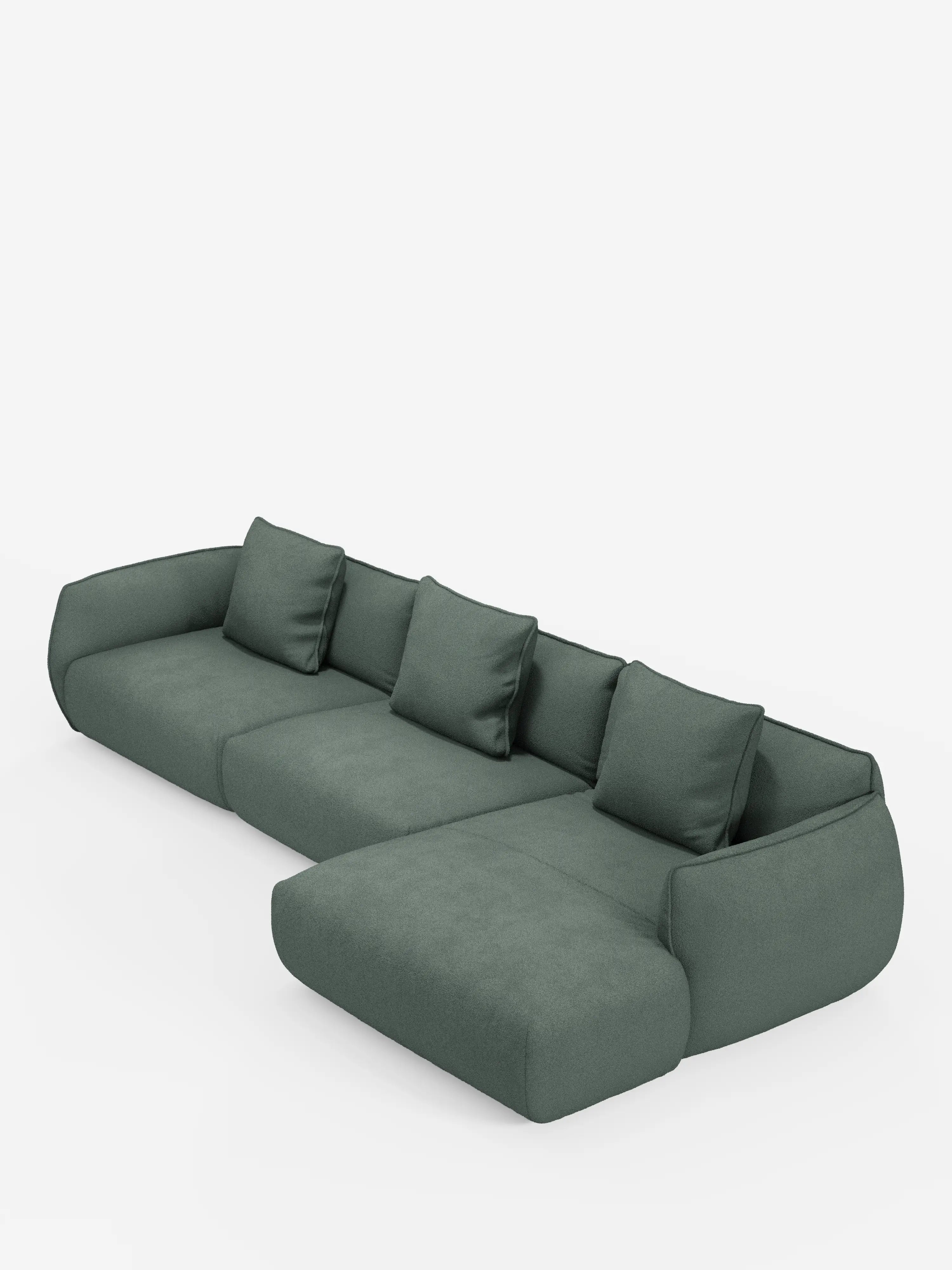 Il divano angolare con penisola componibile Nimbus di Divani.Store è rivestito in tessuto T33 verde scuro, morbido, effetto cotone e antimacchia. Questo moderno divano componibile è dotato di tre cuscini di seduta con cuscini dello schienale abbinati e una chaise longue orientata a destra. I braccioli arrotondati e il profilo basso e minimalista completano il design, qui raffigurato su uno sfondo bianco a tinta unita.