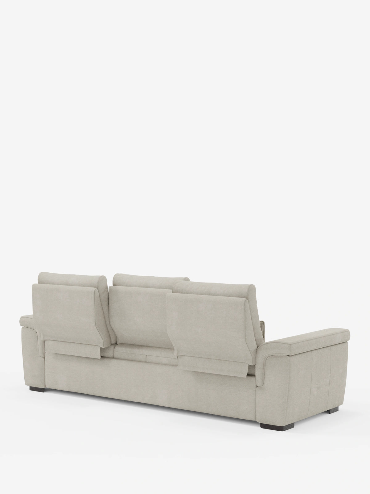 Vista posteriore di un divano letto angolare Ischia color beige chiaro, dotato di schienali scorrevoli, elemento estraibile e penisola contenitore in tessuto antimacchia misto lino, caratterizzato da un tessuto a trama rigata, tre schienali regolabili e piedini bassi e scuri a blocco.