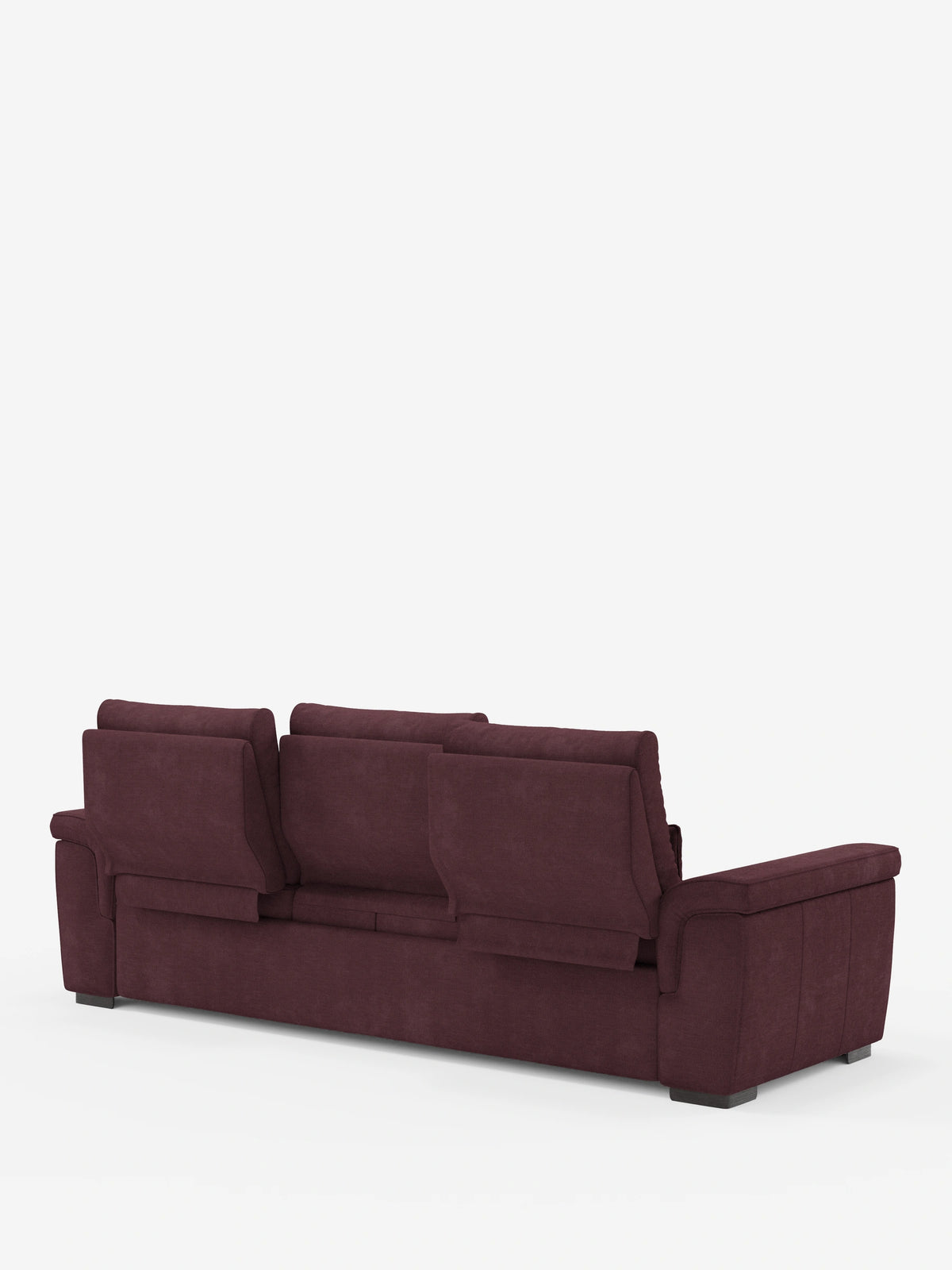 Un divano letto angolare Ischia color bordeaux scuro con schienali scorrevoli, visto da dietro su uno sfondo bianco, caratterizzato da tre cuscini dello schienale verticali e da un ampio bracciolo sulla destra, il tutto rivestito in tessuto testurizzato.