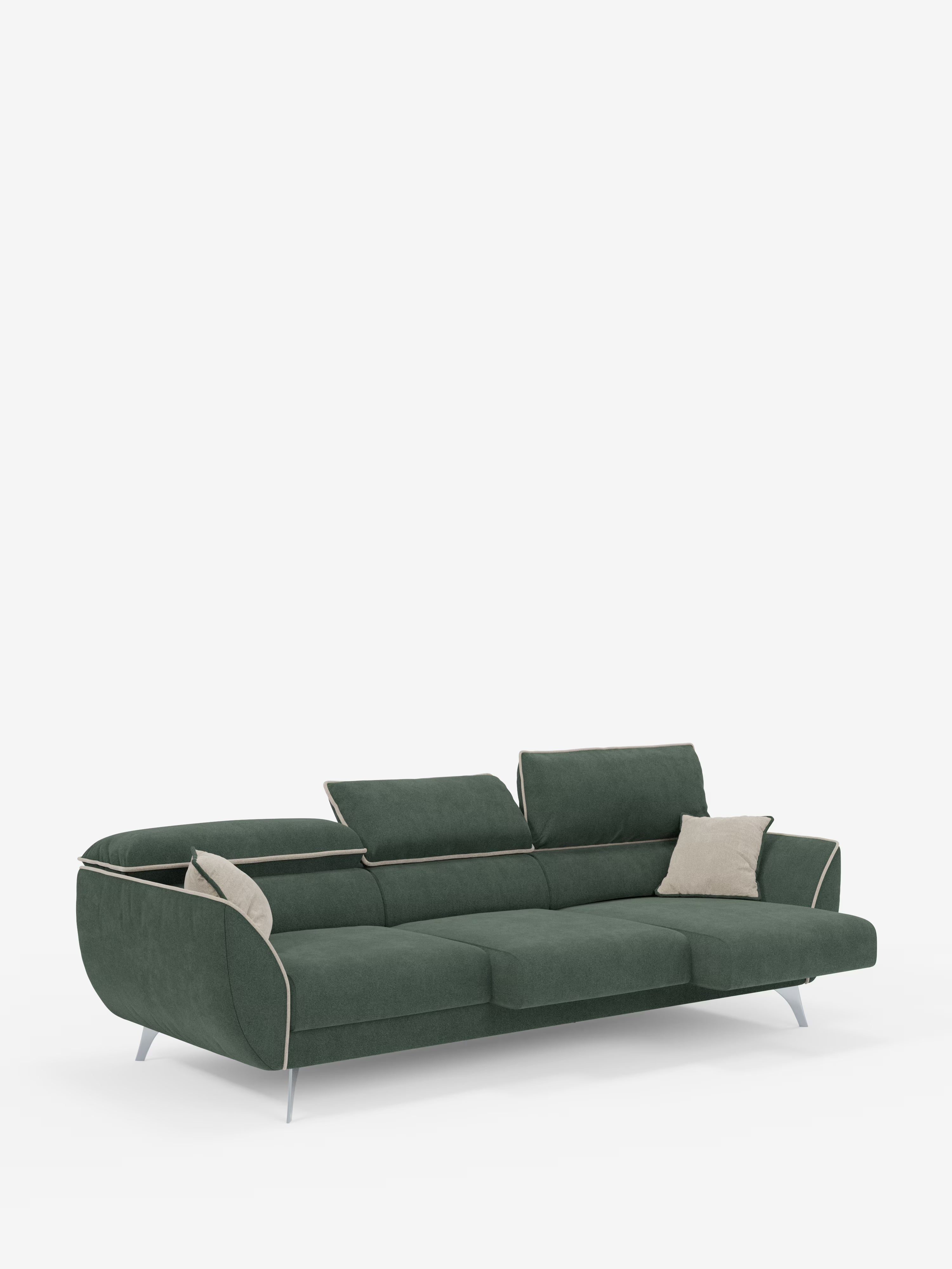 Ecco la frase riscritta utilizzando i dati del prodotto forniti: Il divano Michelangelo 4 Posti bicolore di Divani.Store è un divano moderno di colore verde scuro dotato di tre sedute estraibili, poggiatesta regolabili, rifiniture di colore chiaro, gambe sottili in metallo e due cuscini decorativi beige. Rivestito in tessuto T23 antimacchia, questo divano contemporaneo di lusso si distingue per il suo design minimalista su uno sfondo bianco a tinta unita.
