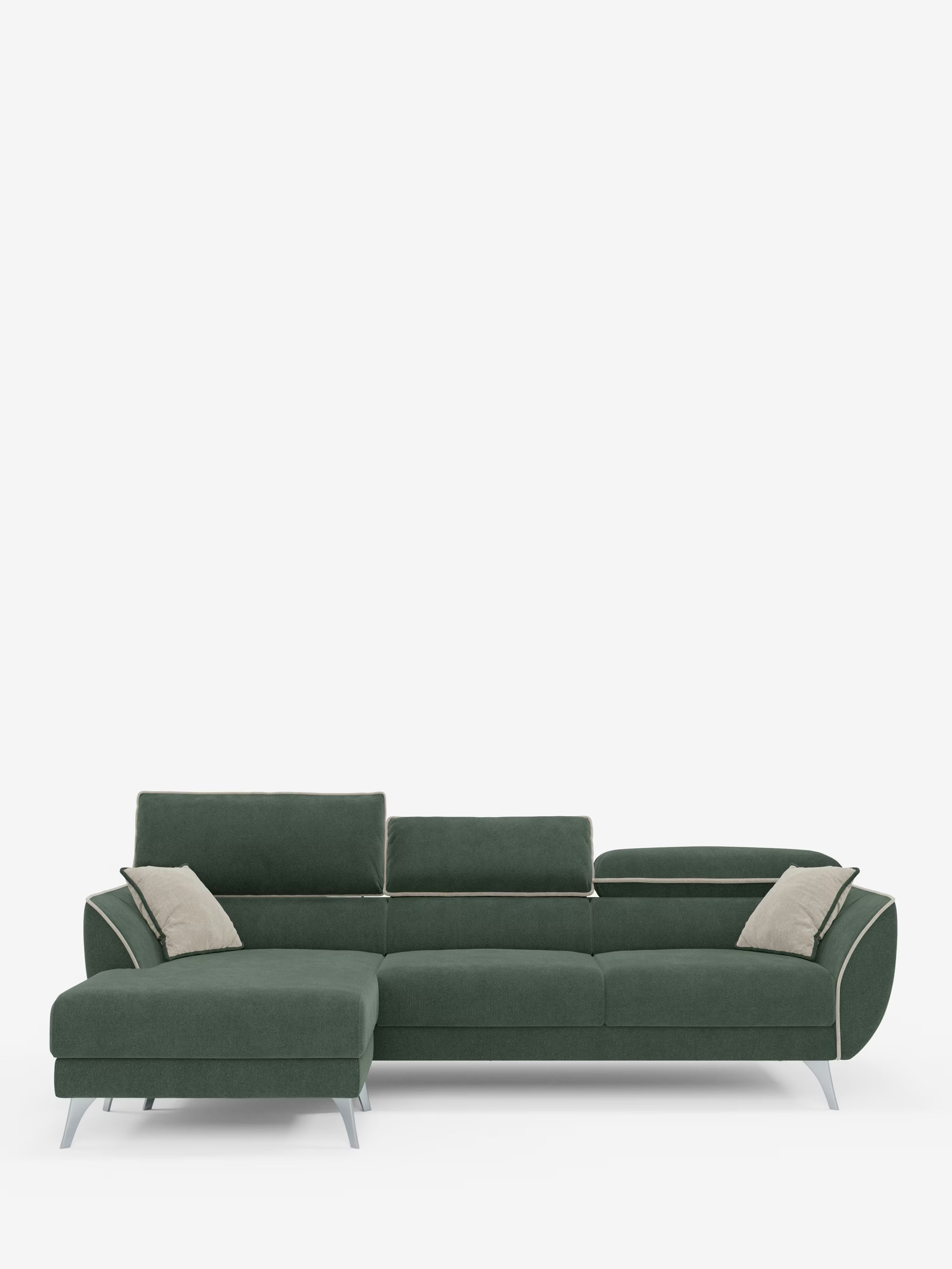Il divano angolare bicolore Michelangelo con penisola e sedute estensibili di Divani.Store presenta un rivestimento verde scuro con bordino beige chiaro e gambe argentate. Caratterizzato da una chaise longue posizionata sul lato sinistro, questo divano moderno è completato da due cuscini decorativi beige abbinati e da poggiatesta reclinabili per un comfort ancora maggiore. Lo sfondo è bianco a tinta unita.