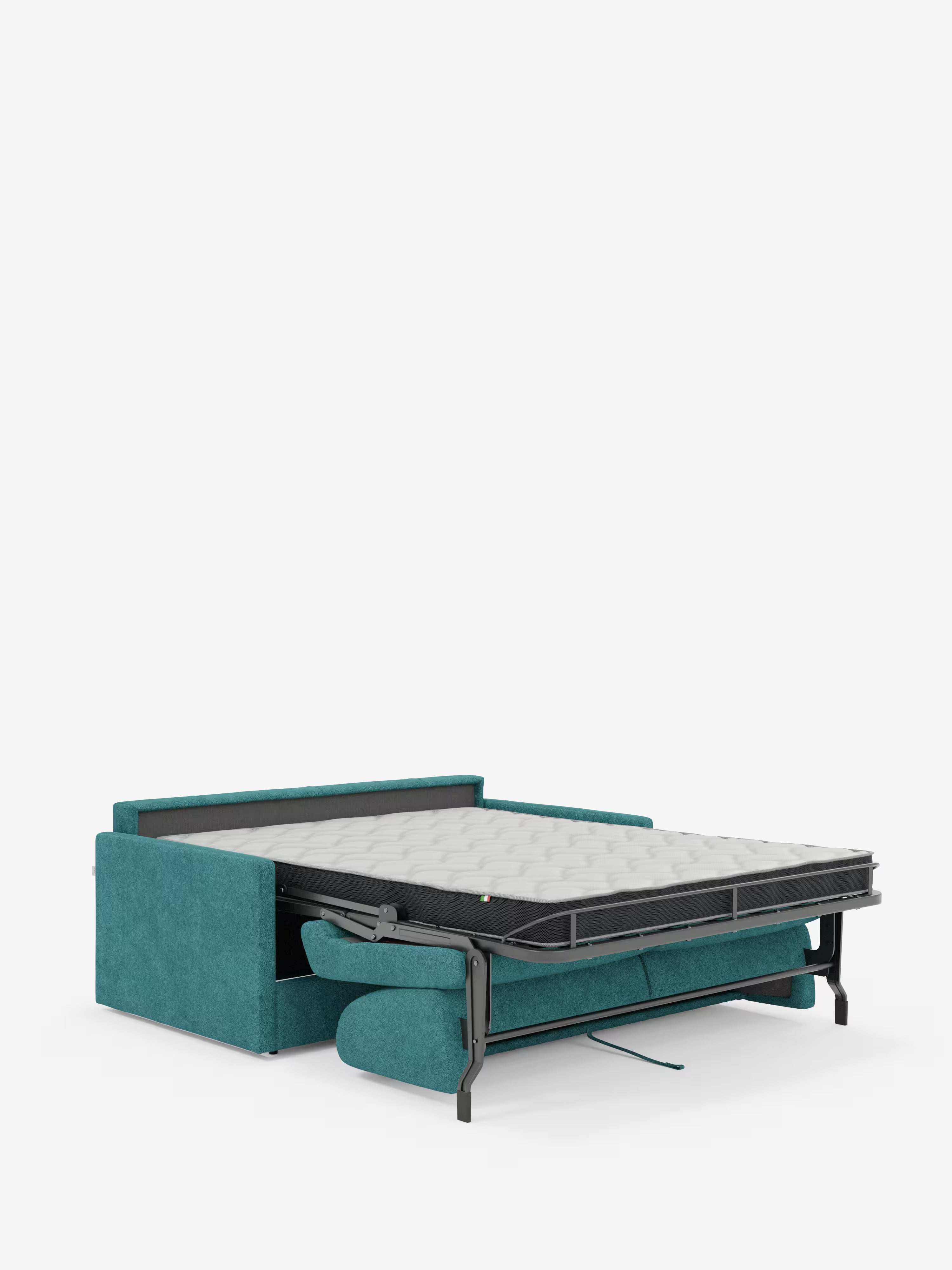 Un divano letto Tommy Divano a 2 e 3 posti, color verde acqua, di Divani.Store è raffigurato in posizione aperta, mostrando il letto estraibile con un materasso di colore chiaro. Questo divano letto compatto, realizzato in tessuto T33 simile al cotone, completamente sfoderabile e resistente alle macchie, presenta linee pulite, braccioli sottili e montanti metallici a vista, il tutto su uno sfondo bianco a tinta unita.
