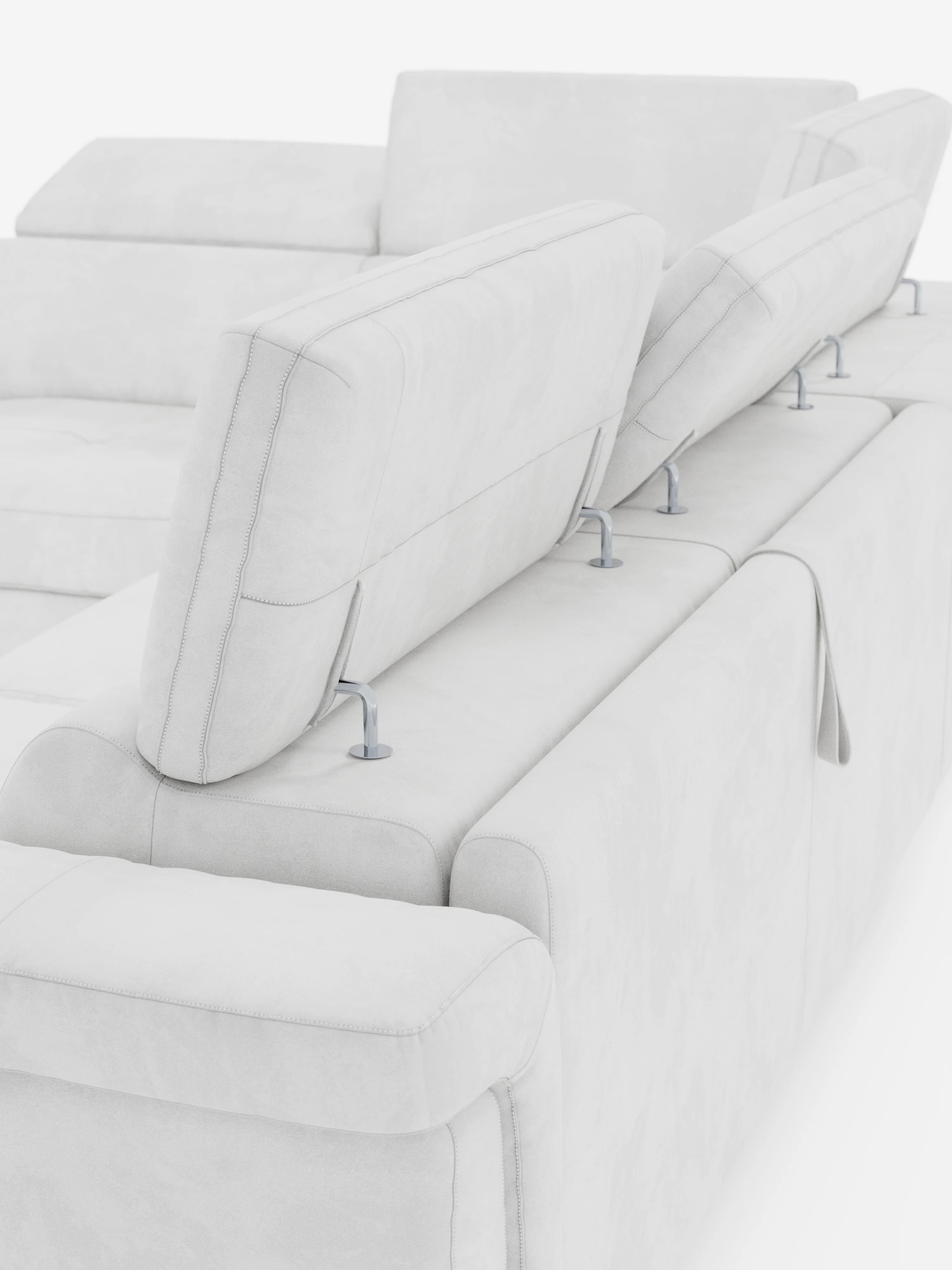Il divano letto angolare Capri con poggiatesta reclinabili e materasso ad alte prestazioni in tessuto vellutino smacchiabile T30 di Divani.Store è un divano componibile moderno, di colore grigio chiaro, dotato di poggiatesta regolabili, qui raffigurati parzialmente sollevati con diverse angolazioni. Rivestito in morbido tessuto vellutato simile alla pelle scamosciata, questo divano letto vanta linee pulite e un design contemporaneo, fotografato su uno sfondo bianco.