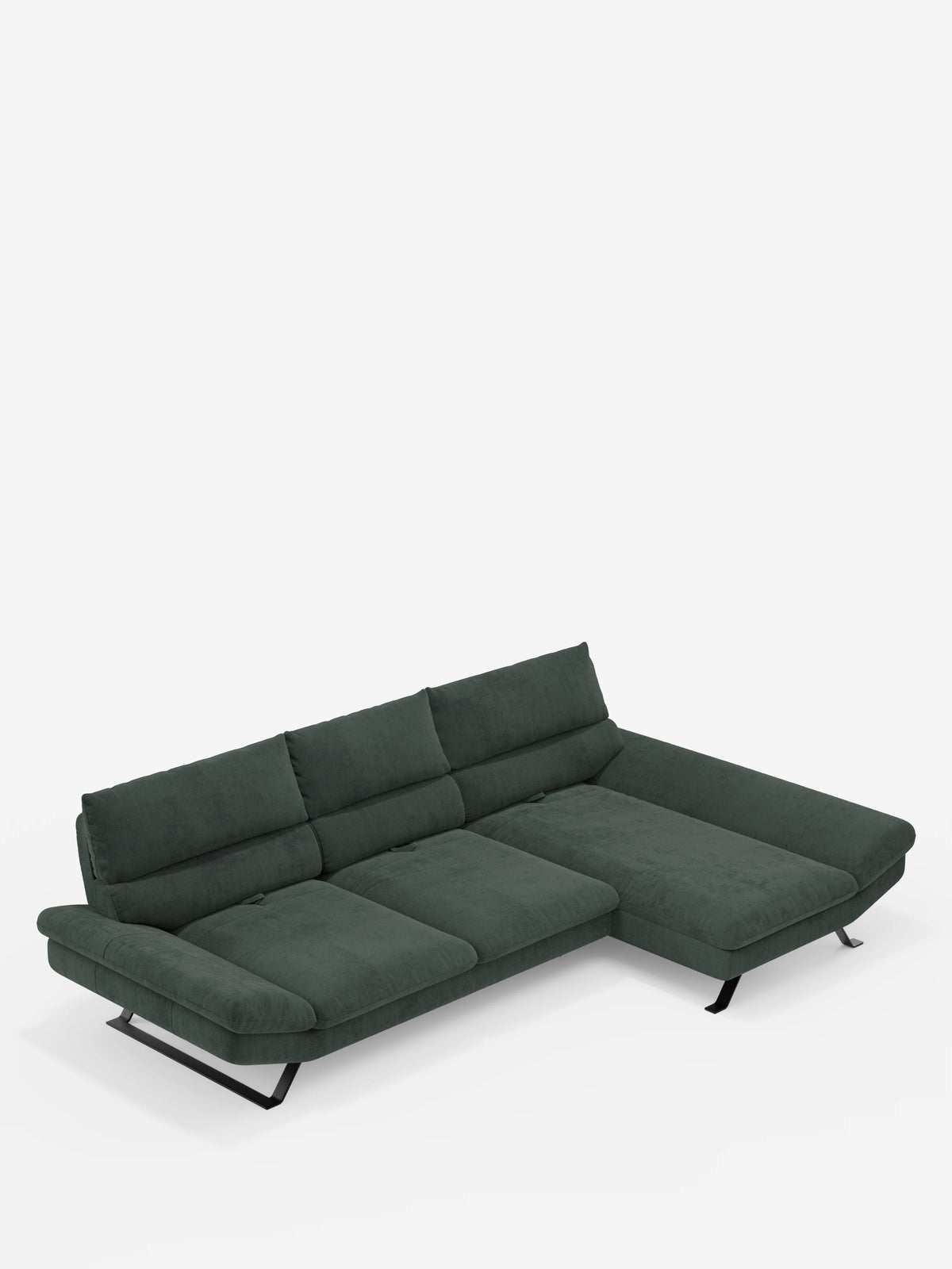 Il divano angolare Eclipse con penisola e schienali traslanti in microfibra tecnica smacchiabile T11 di Divani.Store è un divano componibile moderno, di colore verde scuro, con chaise longue orientata a destra. È dotato di tre cuscini schienale e di eleganti gambe angolari in metallo nero, il tutto su uno sfondo bianco a tinta unita. Il design minimalista vanta un rivestimento in morbida microfibra resistente alle macchie e pratici schienali traslanti per un comfort ancora maggiore.