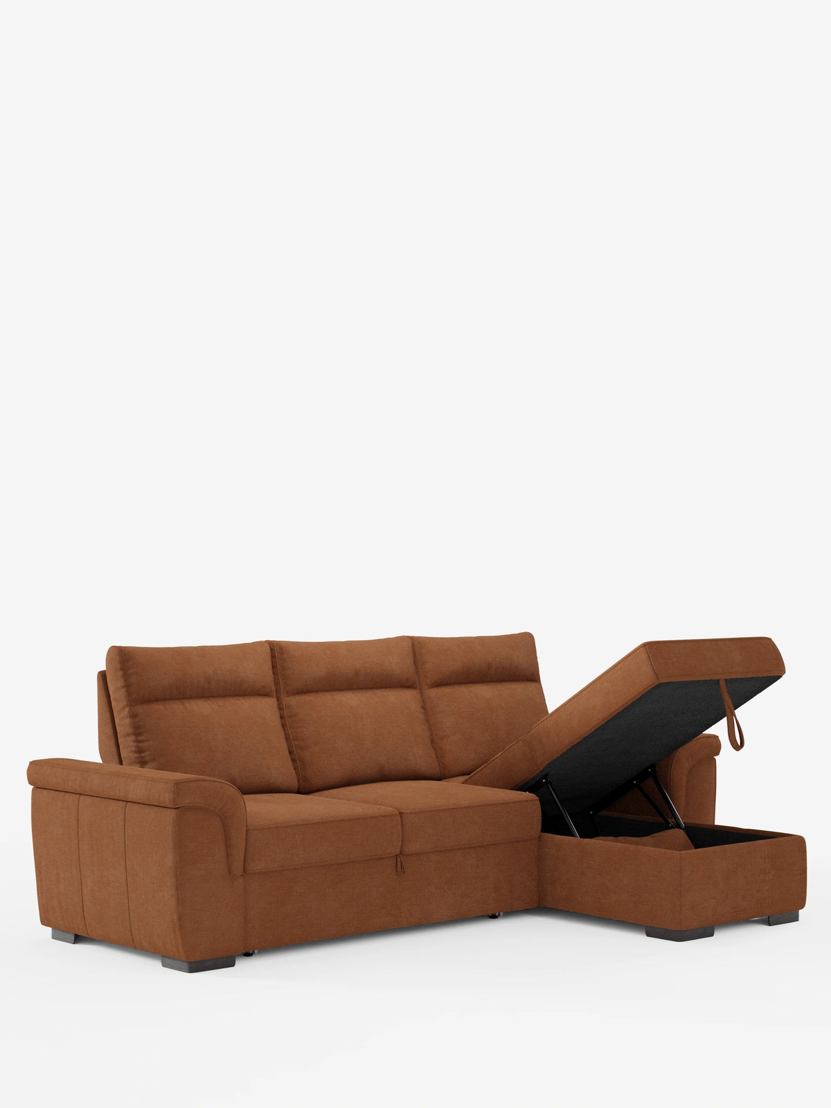 Il divano letto angolare Ischia, color ruggine, con schienali scorrevoli, elemento estraibile e chaise longue contenitore in tessuto smacchiabile misto lino, è un divano letto angolare dotato di una sezione estraibile, schienali scorrevoli e chaise longue contenitore.