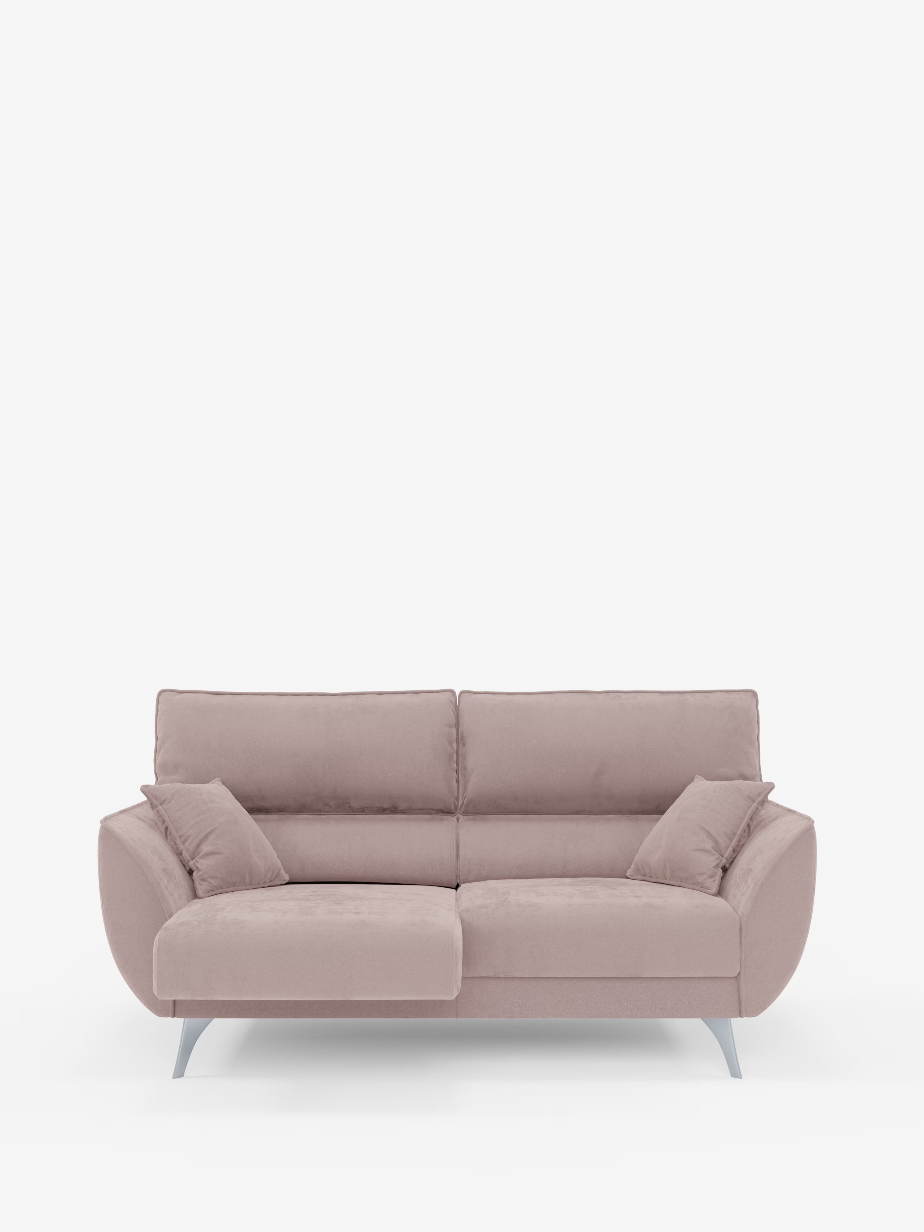 Un divano contemporaneo Michelangelo a 2 e 3 posti di Divani.Store, rivestito in malva chiaro, spicca su uno sfondo bianco a tinta unita. Dotato di sedute allungabili e poggiatesta reclinabili per un comfort ancora maggiore, questo elegante divano comprende due cuscini di seduta, due cuscini di schienale, braccioli angolati dalle linee slanciate, gambe sottili color argento ed è rifinito in tessuto smacchiabile T30. Due cuscini decorativi abbinati sono posizionati alle due estremità del divano.