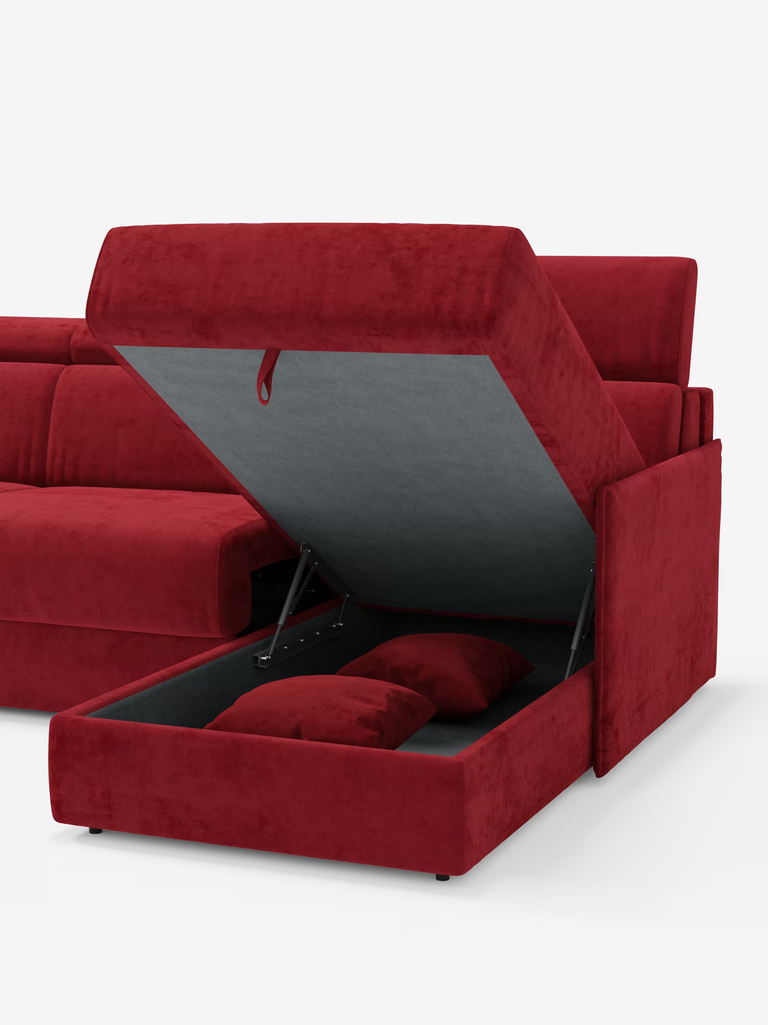 Miryam canapé convertible d'angle compact - têtières inclinables et méridienne coffre en tissu détachable T31