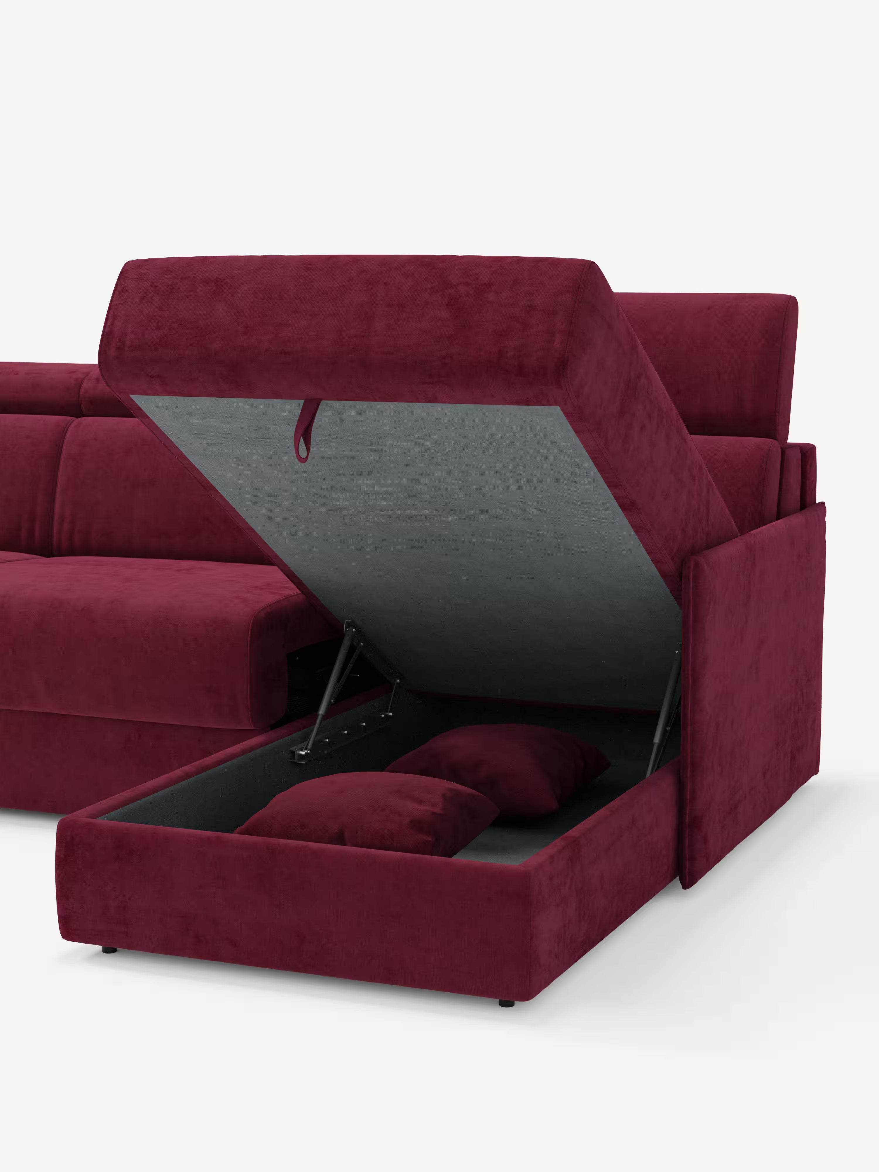 Miryam canapé convertible d'angle compact - têtières inclinables et méridienne coffre en tissu détachable T31