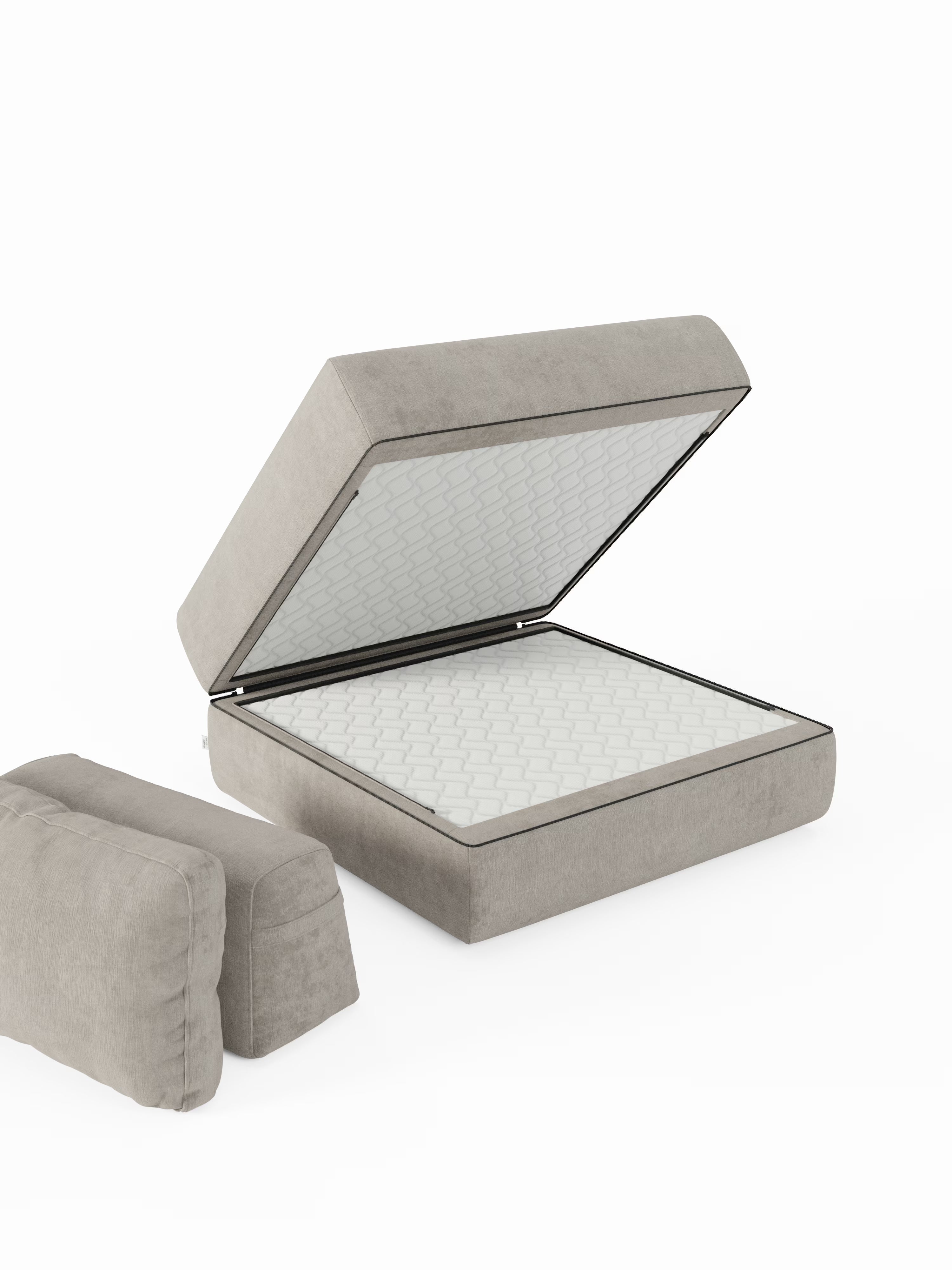 Vi presentiamo la poltrona letto Rift con materasso alto 22 cm e memory foam di Divani.Store: questa poltrona trasformabile imbottita color beige è dotata di schienale mobile e tessuto T31 antimacchia. Il generoso materasso bianco, alto 22 cm, presenta una trapuntatura a rombi, mentre due cuscini beige abbinati completano il set, il tutto su uno sfondo bianco pulito: una soluzione salvaspazio ideale per la casa moderna.