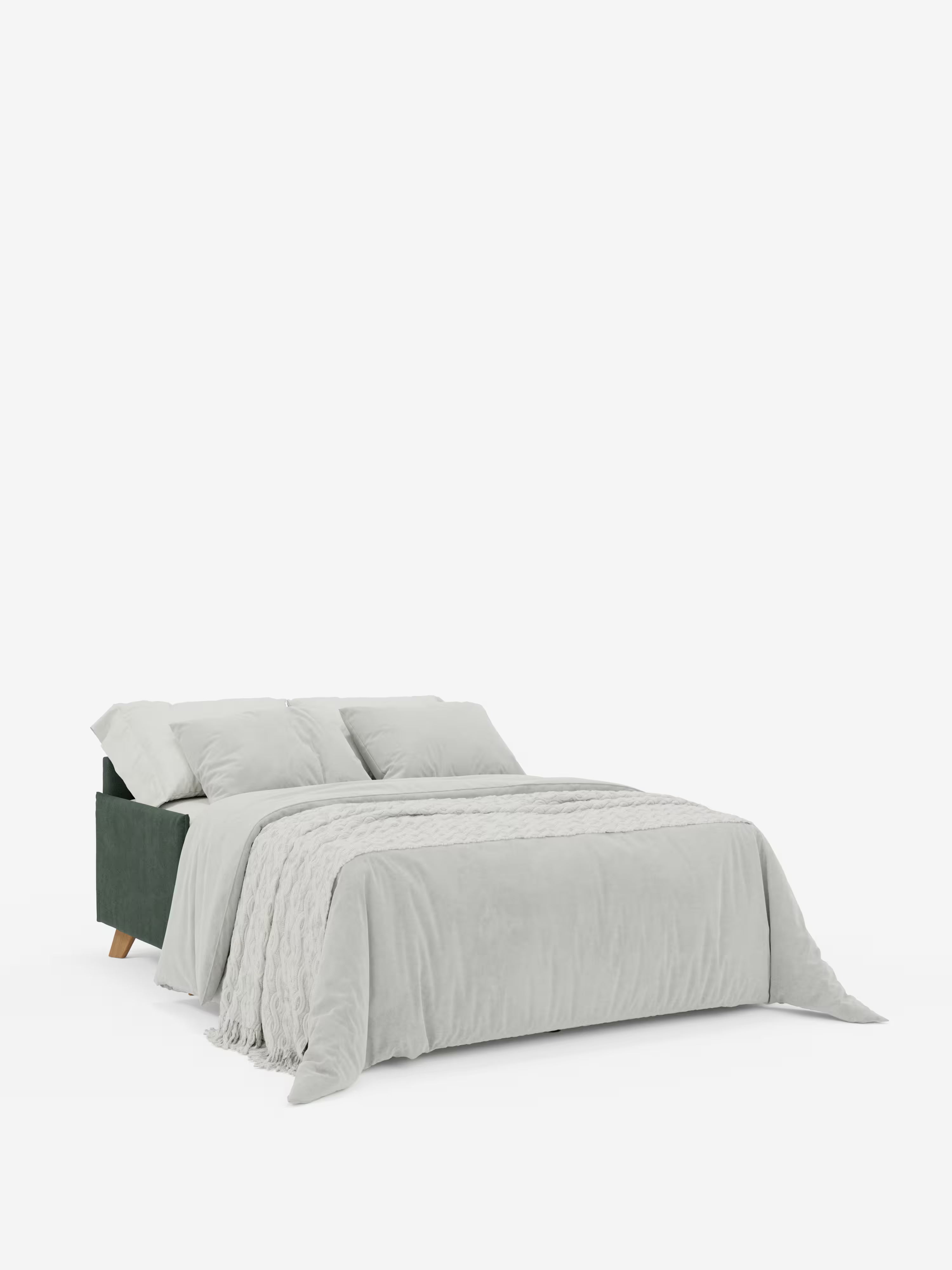 Un divano letto matrimoniale Sole di colore verde scuro, dal design compatto, di Divani.Store, caratterizzato da gambe angolari in legno e poggiatesta reclinabili, è raffigurato aperto in modalità letto su uno sfondo bianco a tinta unita. Il letto è rivestito con biancheria da letto grigio chiaro, due cuscini e un plaid testurizzato. Rivestito in tessuto T23 100% sfoderabile e antimacchia, questo divano letto di ispirazione scandinava aggiunge stile e funzionalità a qualsiasi ambiente moderno.
