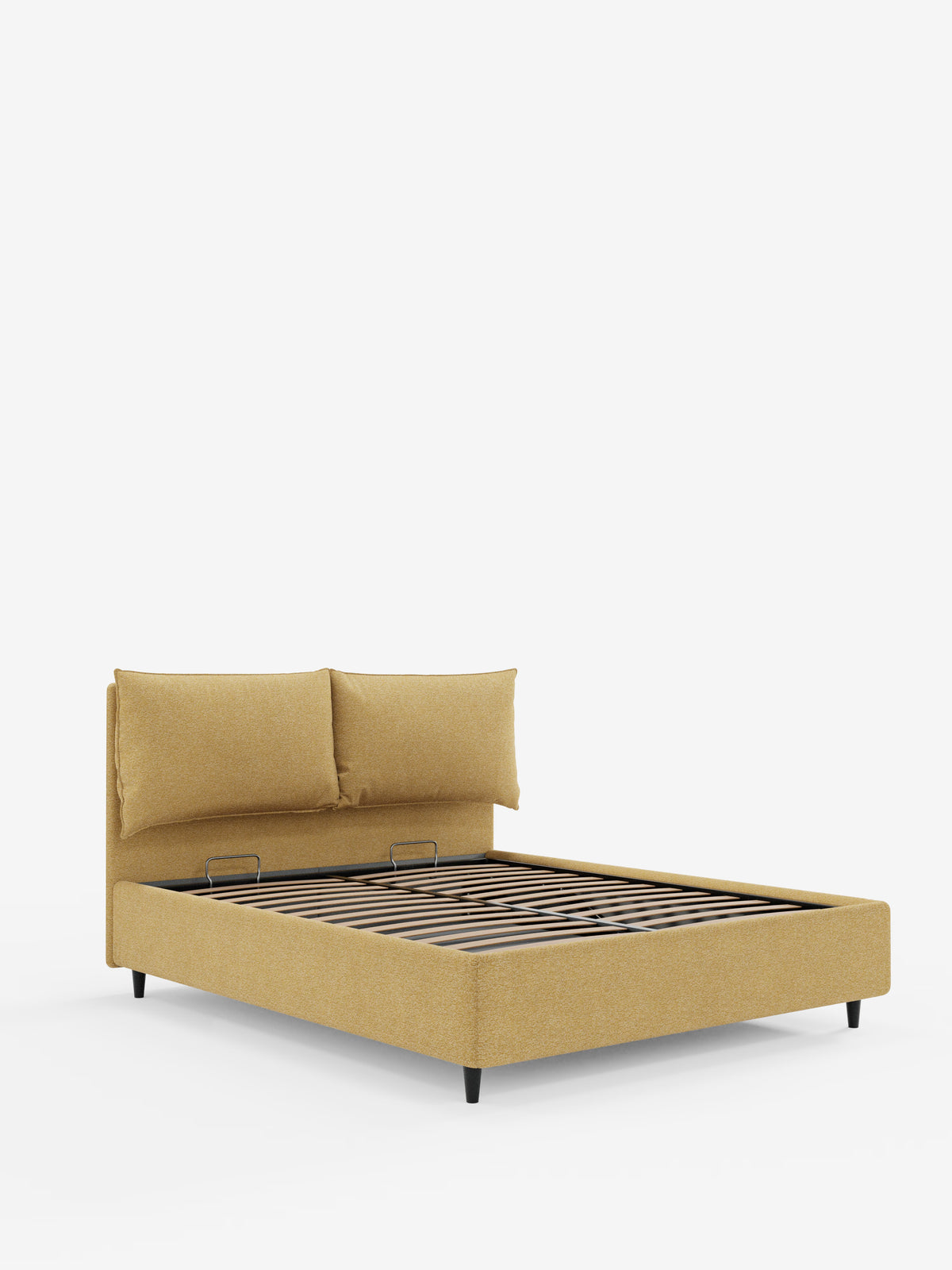 Un letto imbottito contemporaneo ZAYRON con contenitore di Letti., caratterizzato da un rivestimento in tessuto giallo senape certificato Oeko-Tex®, una base a doghe in legno, un'ampia testiera imbottita con due morbidi cuscini regolabili e gambe corte nere — materasso non incluso — esposto su uno sfondo bianco a tinta unita.