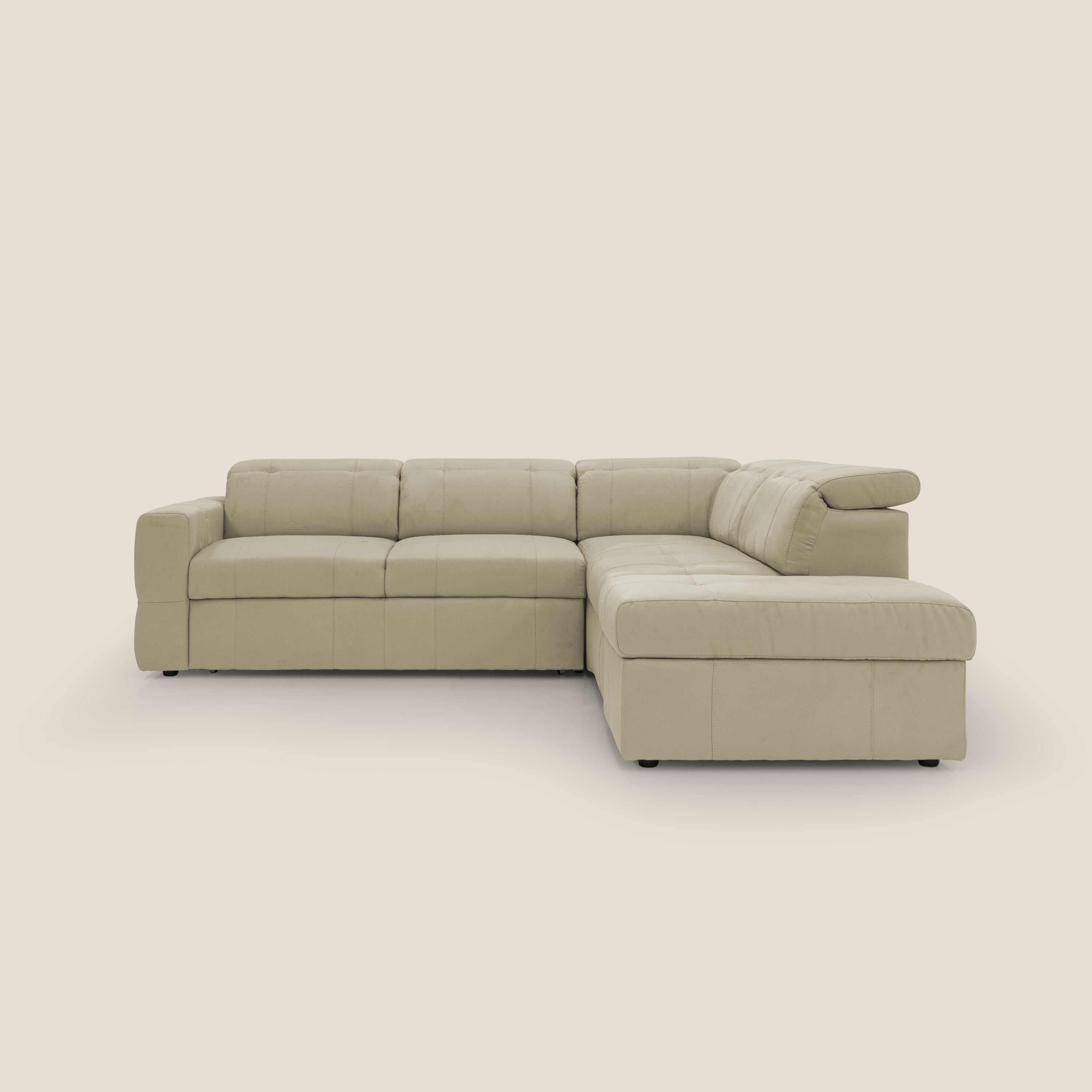 Kronos Divano angolare con poggiapiedi estraibile e pouf contenitore mobile in microfibra impermeabile T11 beige - divani.store