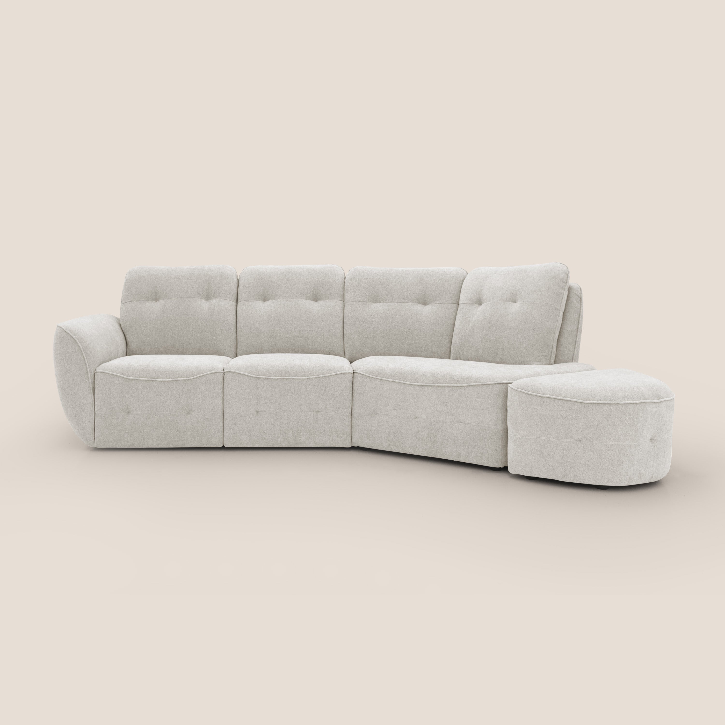 Cerbero divano angolare con pouf mobile in morbido bouclé impermeabile T07 bianco - divani.store